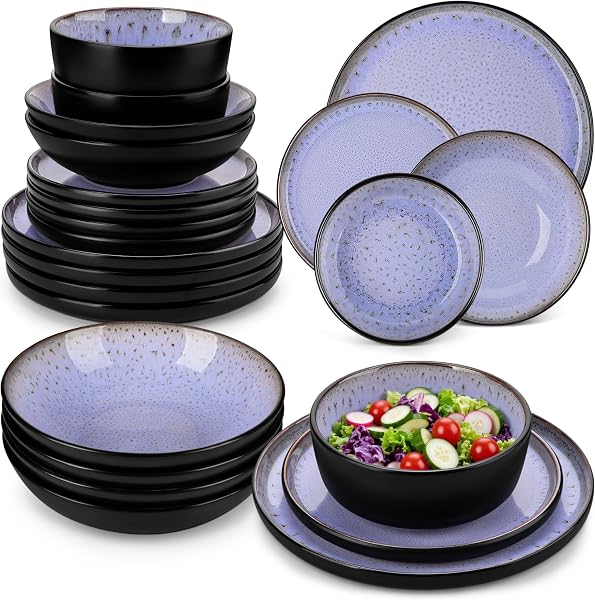 vancasso Amber 24 Pieces Dinner Set for 6, Reactive Glaze Stoneware Plates and Bowls Set, Purple Crockery Set with Dinner Plates, Dessert Plates, Soup Bowls & Cereal Bowls, Microwave & Dishwasher Safe - 1