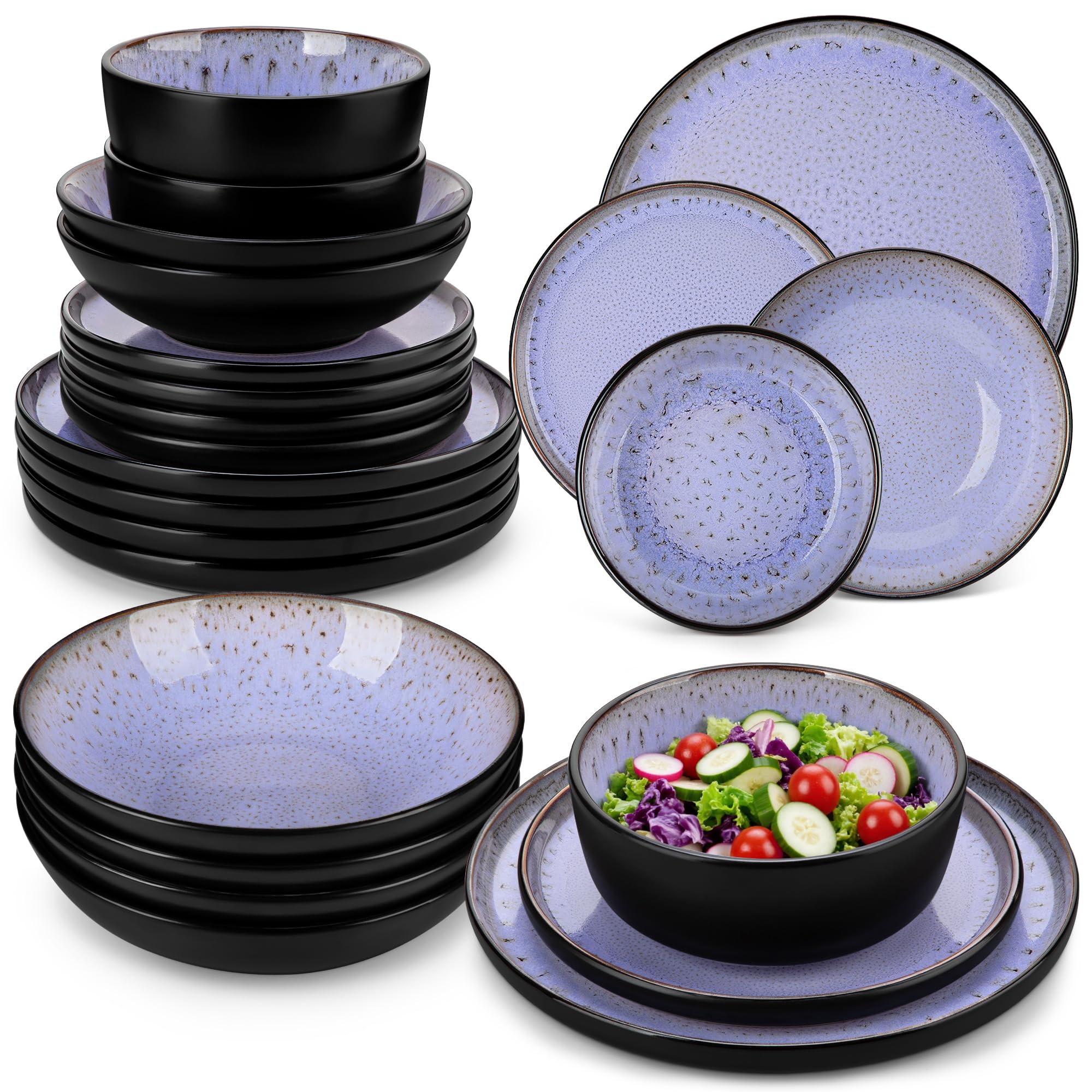 vancasso Amber 24 Pieces Dinner Set for 6, Reactive Glaze Stoneware Plates and Bowls Set, Purple Crockery Set with Dinner Plates, Dessert Plates, Soup Bowls & Cereal Bowls, Microwave & Dishwasher Safe