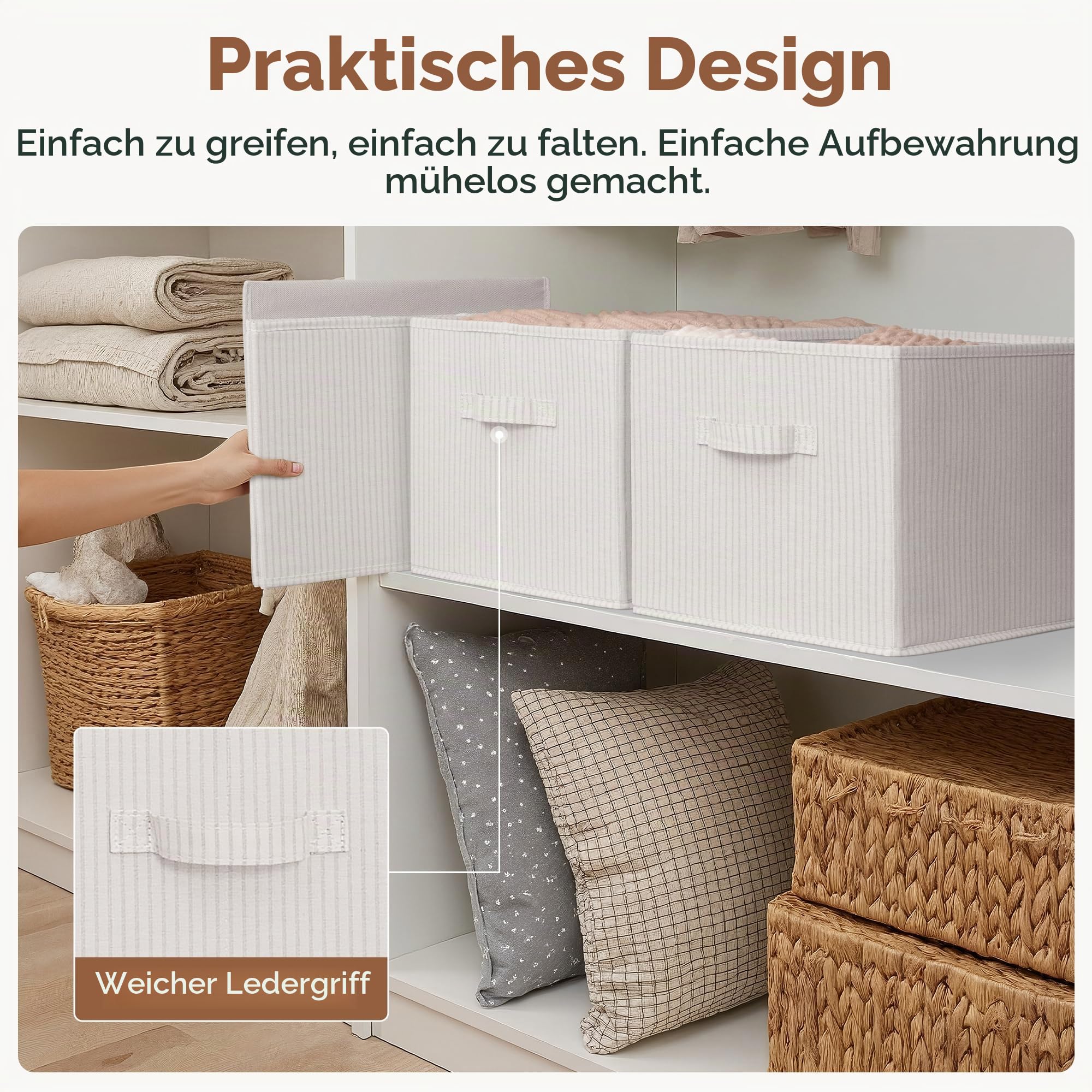 StorageWorks Kisten groß mit Griffen, Stoff Aufbewahrungskorb für Regale, Aufbewahrungsbox Badezimmer, faltbarer Kleiderschrank Organizer, Ordnungsboxen für Wäscheschrank, beige gestreift, 3 Stück