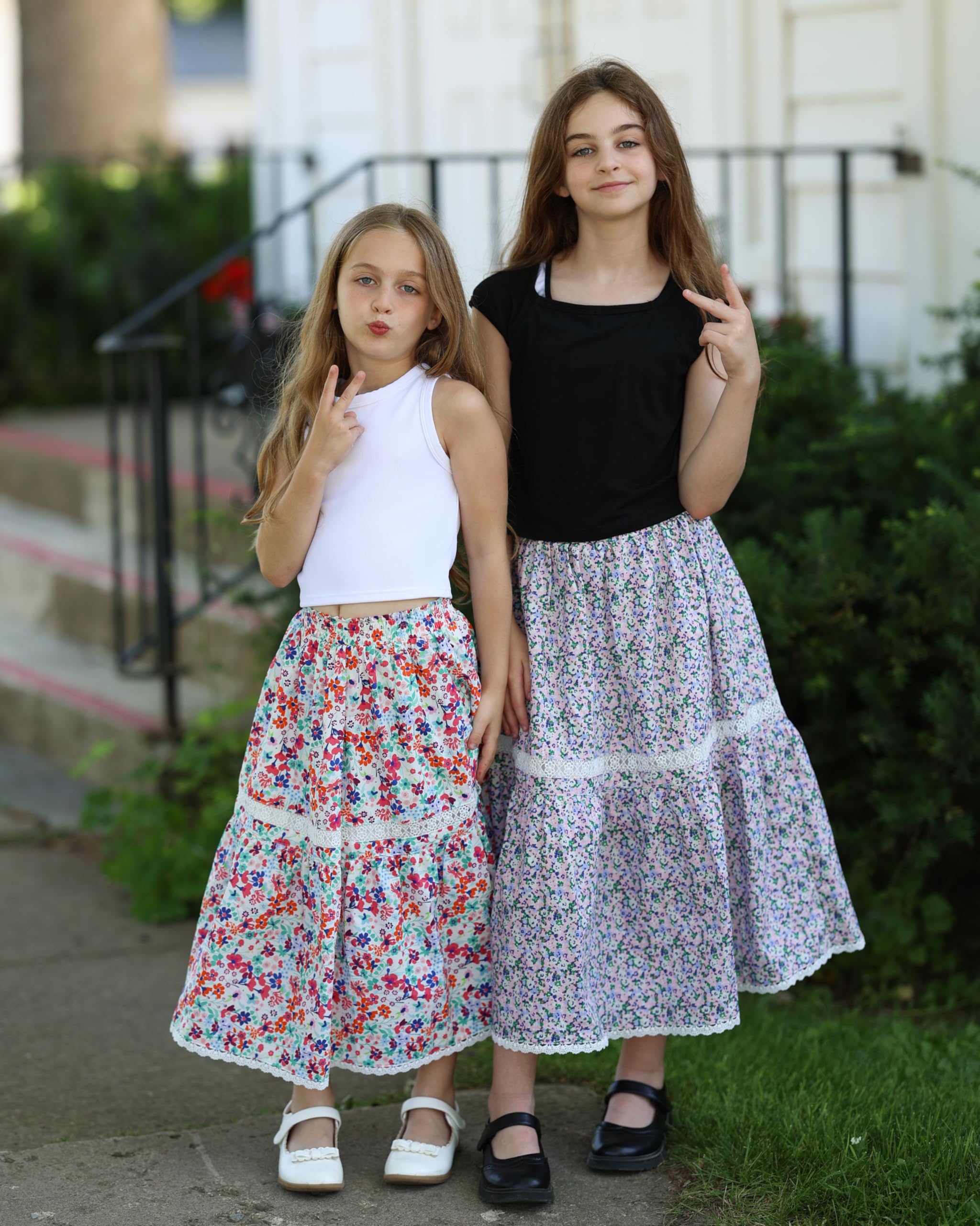 Rolanko Gonna lunga da ragazza con stampa floreale, a vita alta, stile boho, maxi gonna con bordo in pizzo