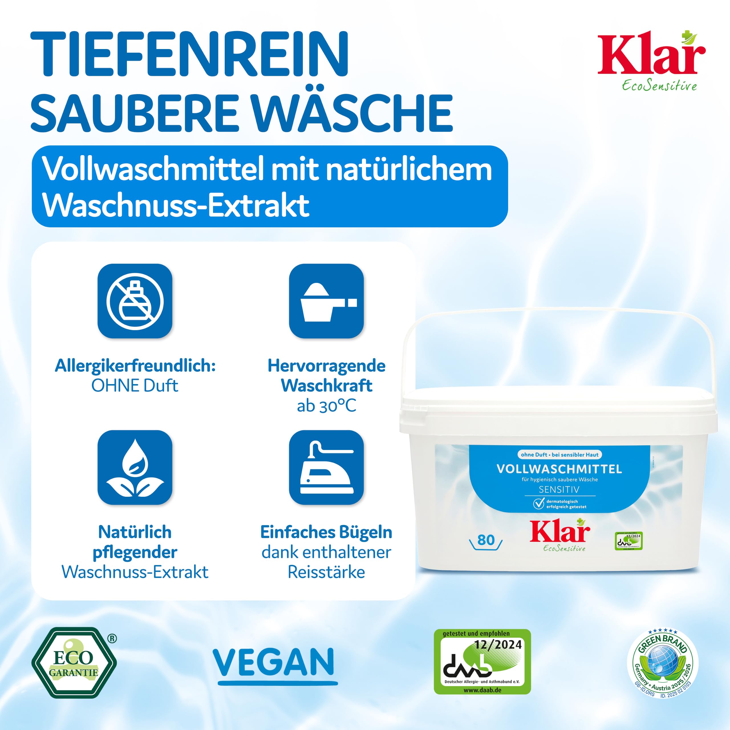 Klar Vollwaschmittel Pulver Sensitive 2x 4,4kg - 160 Ladungen