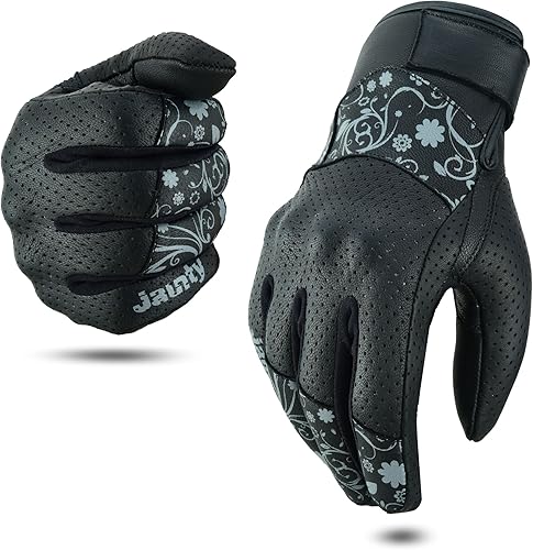 JAUNTY Guantes de motocicleta para mujer, guantes de cuero para pantalla táctil, con nudillos duros, perforados, transpirables, guantes de