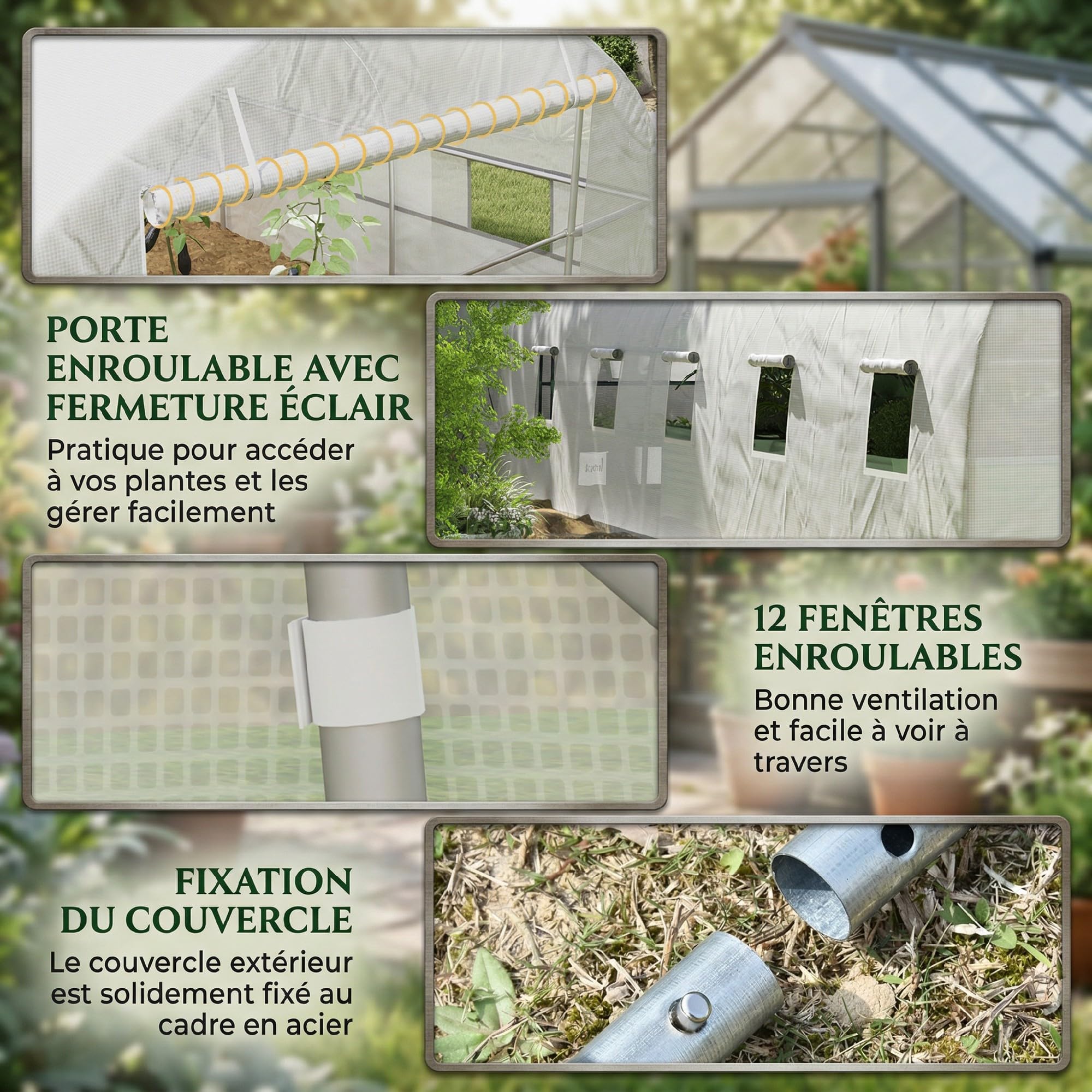 Outsunny Serre de Jardin Tunnel 24 ㎡ Grande Taille 8 x 3 x 2 m avec bâche PE Cadre en Acier galvanisé Ø 24 mm Porte Enroulable et 12 fenêtres Blanc