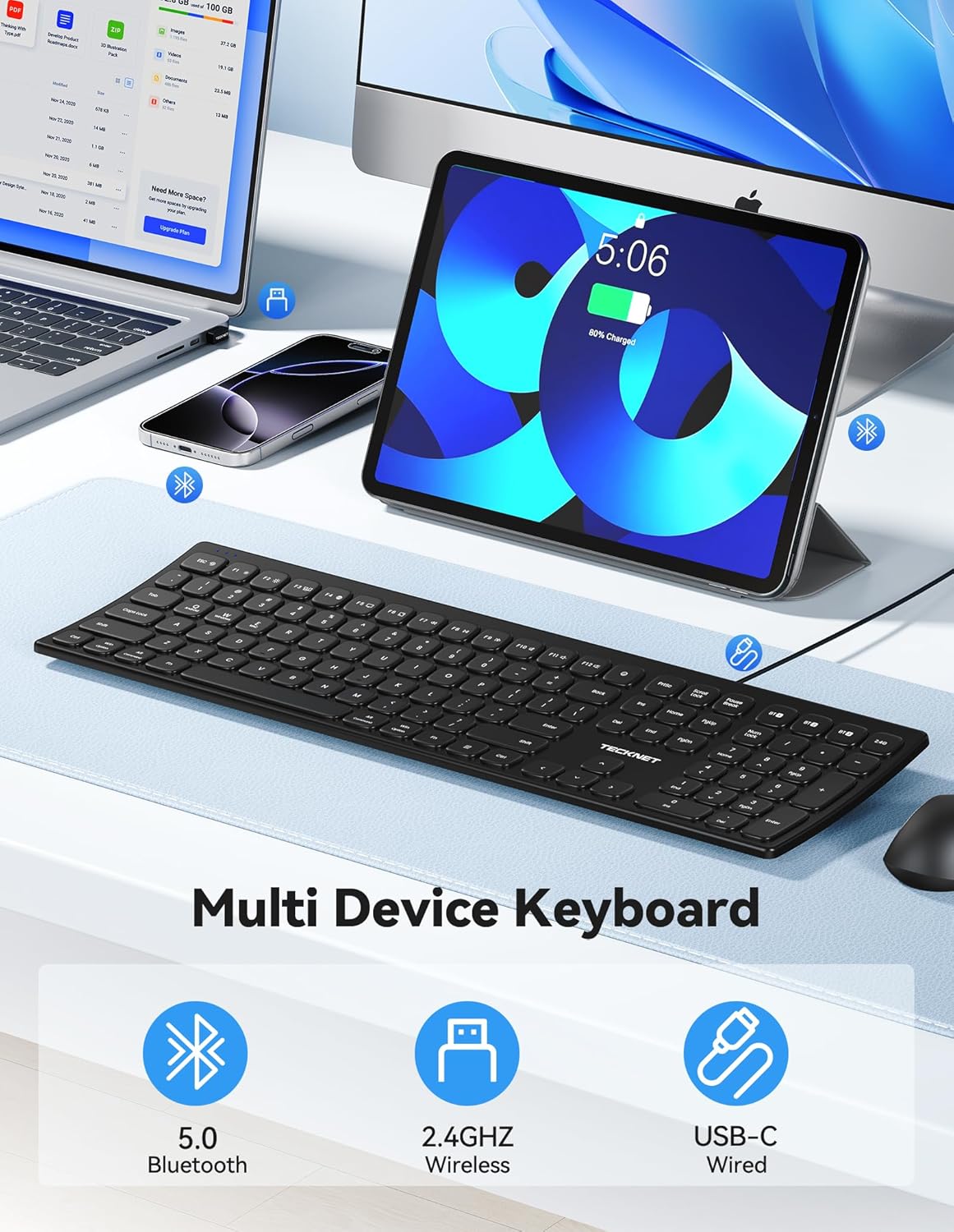 TECKNET Bluetooth Wireless Rechargeable Keyboard, Multi Device Free Switching (BT5.0+2.4G+Wired), Quiet Typing, Ultra-Slim Full Size with Numpad for Mac/Windows/Android/Desktop/PC, Stable Connection