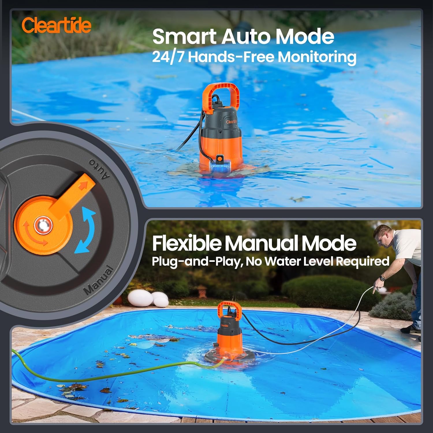 Cleartide Smart Automatic Pool Cover Pump, 1/3 HP 2790 GPH with Auto On/Off & Freeze Protection, Pump for Inground/Above Ground Winter Pool Covers, Dual Mode, 25ft Cord, 120V AC