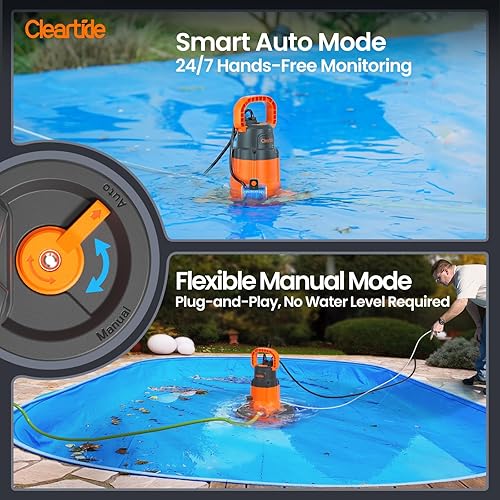 Miniatura 4 de Cleartide Bomba automática de cubierta de piscina de 14 HP, modo manual inteligente automáticoflexible, 120 V CA, bomba de 2160 GPH para cubierta de