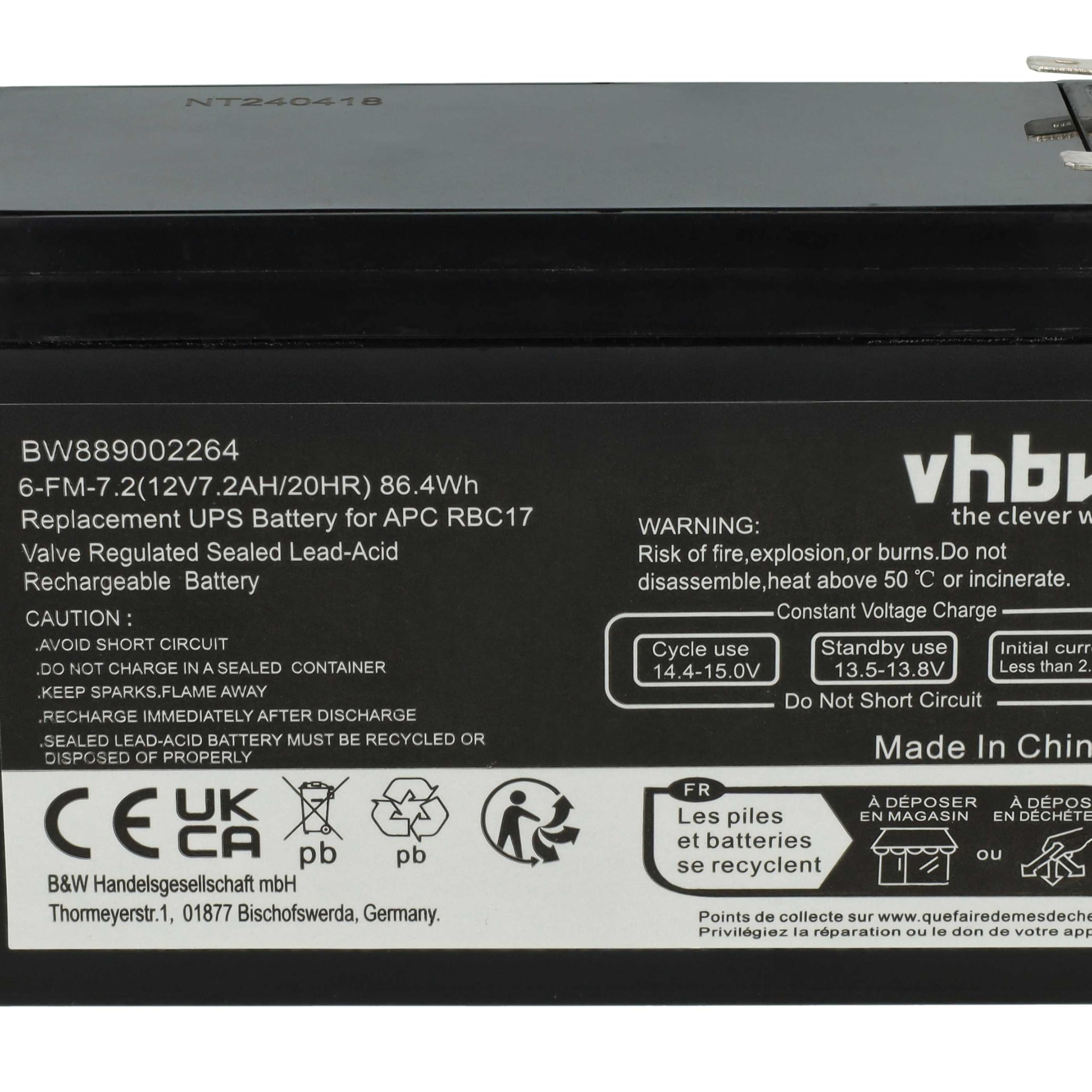 vhbw 2X Akku Ersatz für APC RBC48 für USV (7200 mAh, 12 V, AGM)