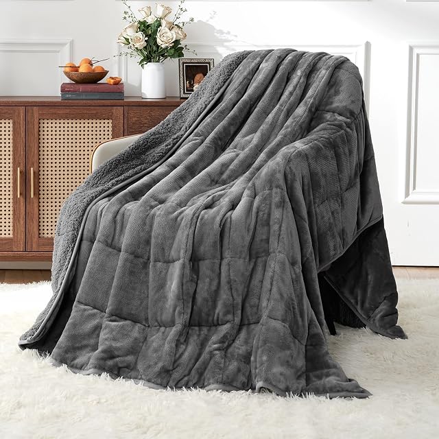 BUZIO Blankets pondérés pour les adultes de taille jumelée 12lbs, Blankets lourds de sherpa polaire avec ventilateur doux pour canapé à lit double, couverture lavable en peluche pour dormir, 48x72 pouces, gris