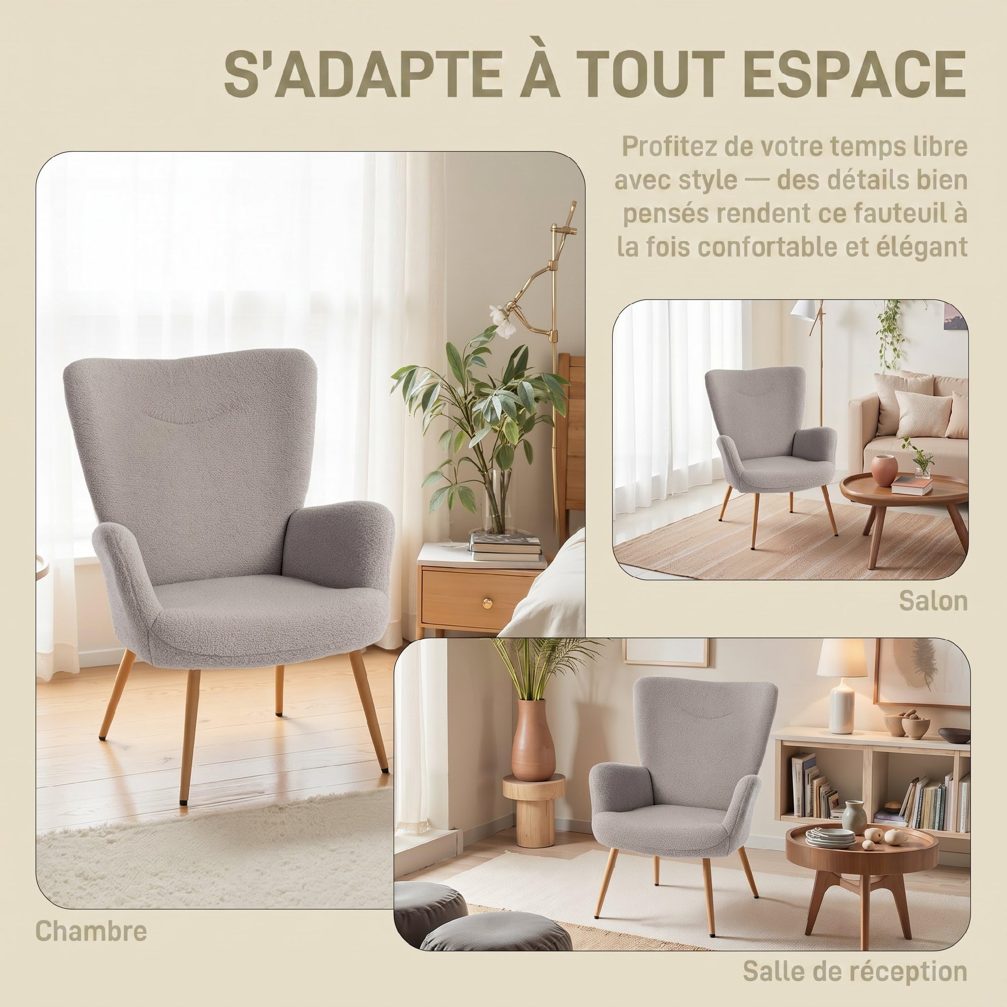HOMCOM Sillón tapizado en Tela Boucle con Estructura de Acero Gris | Sillón de acento, respaldo alto, reposabrazos, para salón, dormitorio, rincón de lectura