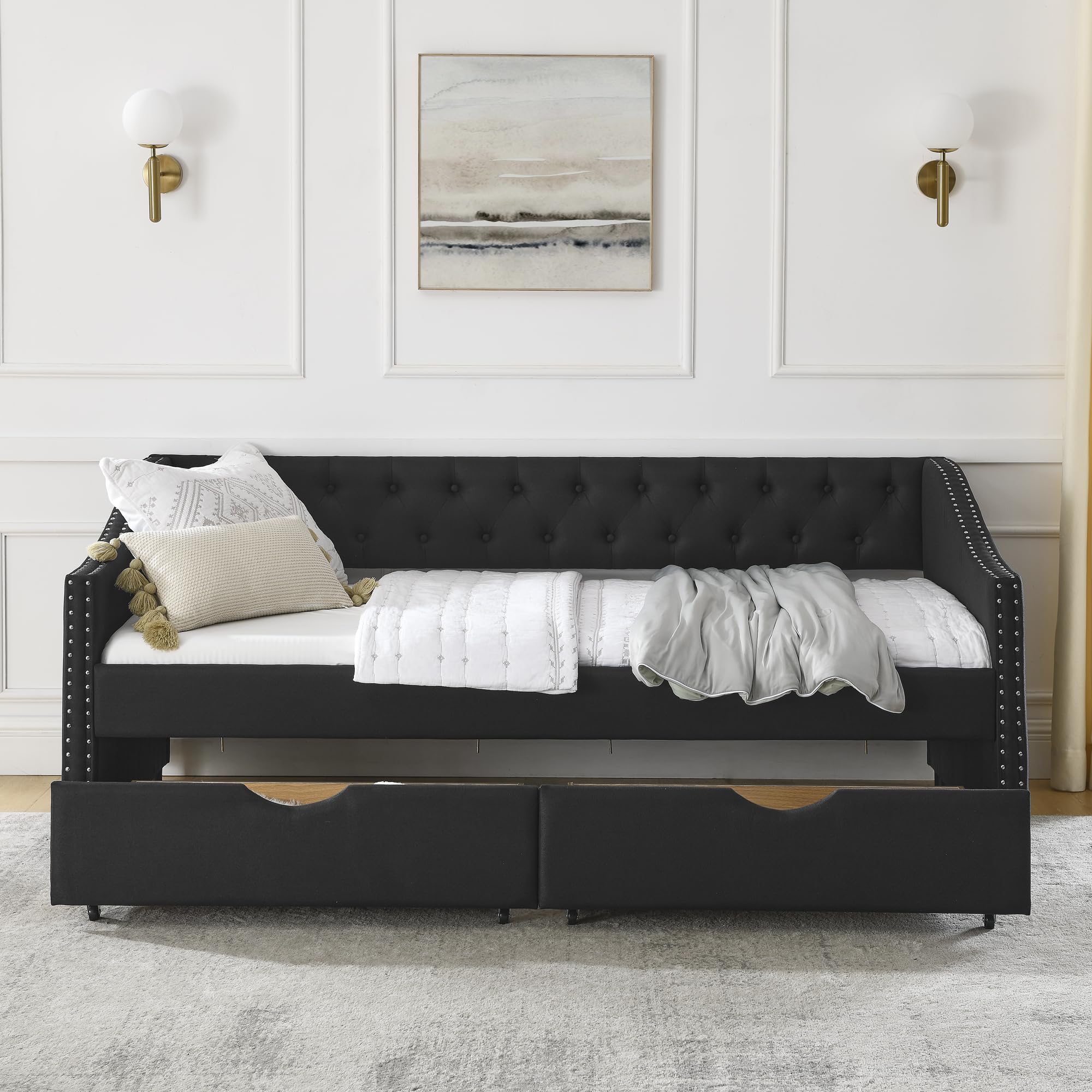 KEIKI Twin Size Upholstery Daybed with 2 Drawers and Headboard, Mid-Century Style Tufted Sofa Bed with Button on Back, Easy Assembly, No Box Spring Required, for Living Room and Bedroom, Black