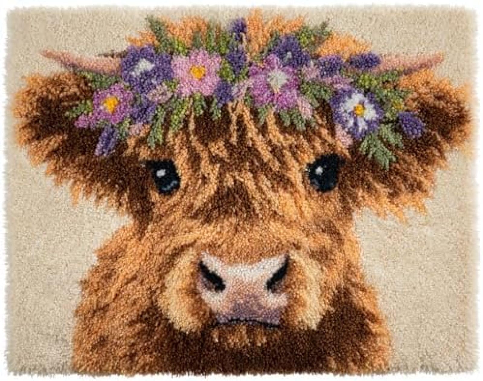 XDEGHUANGSS DIY Latch Hook Rug Kit Baby Highland Cow Wear Flower Wreath On Head Stamped Carpet Tapestry 52x38cm Yarn Hooking Crochet Mat Home Floor Decoration