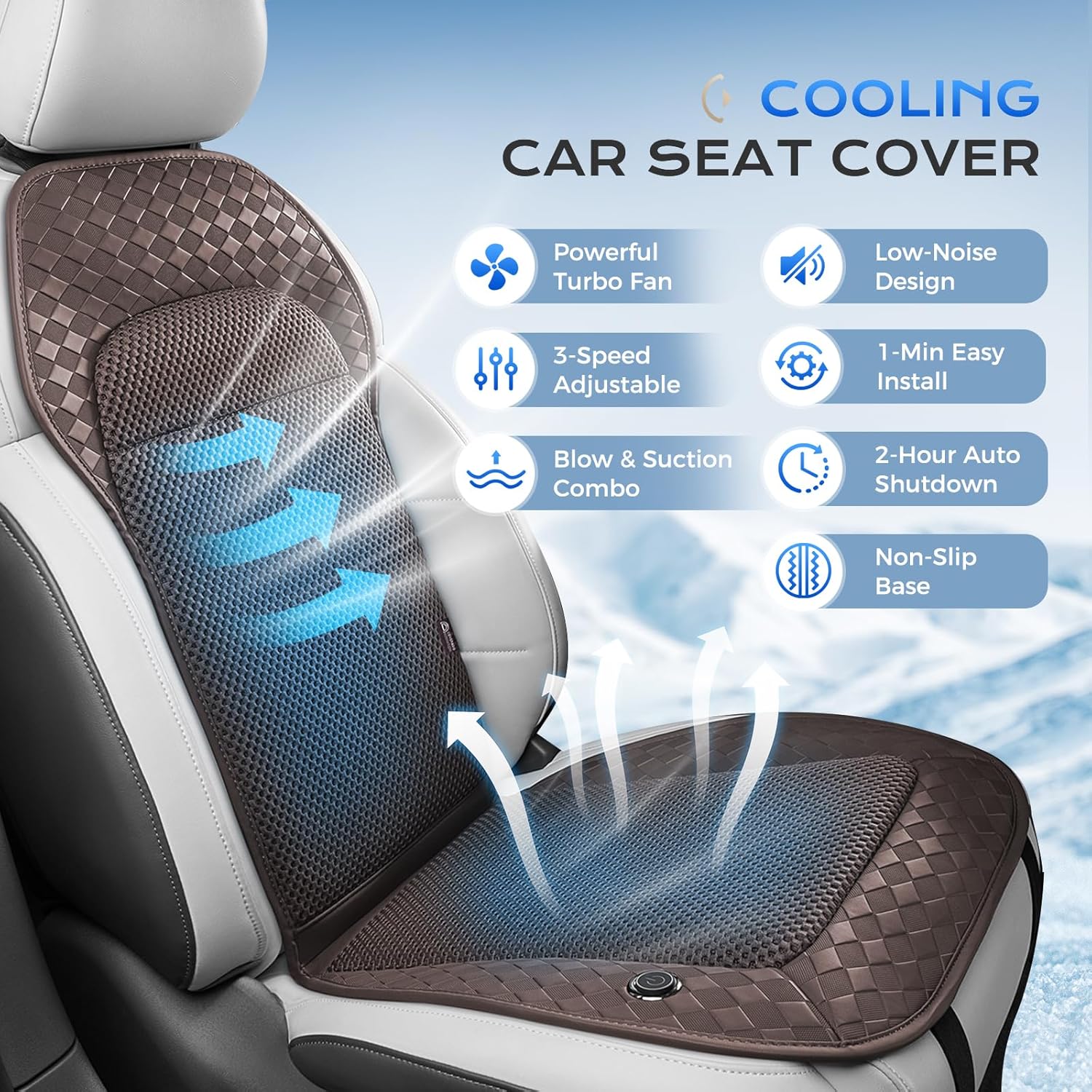 Coverado Summer Cooling Car Seat Cushion, 12V-24V Dual Blowing & Suction Ventilated Pad with 8 Turbo Fans, 3-Speed Adjustable Universal Fit for Hot Weather Car, SUV, Truck & Van-Brown