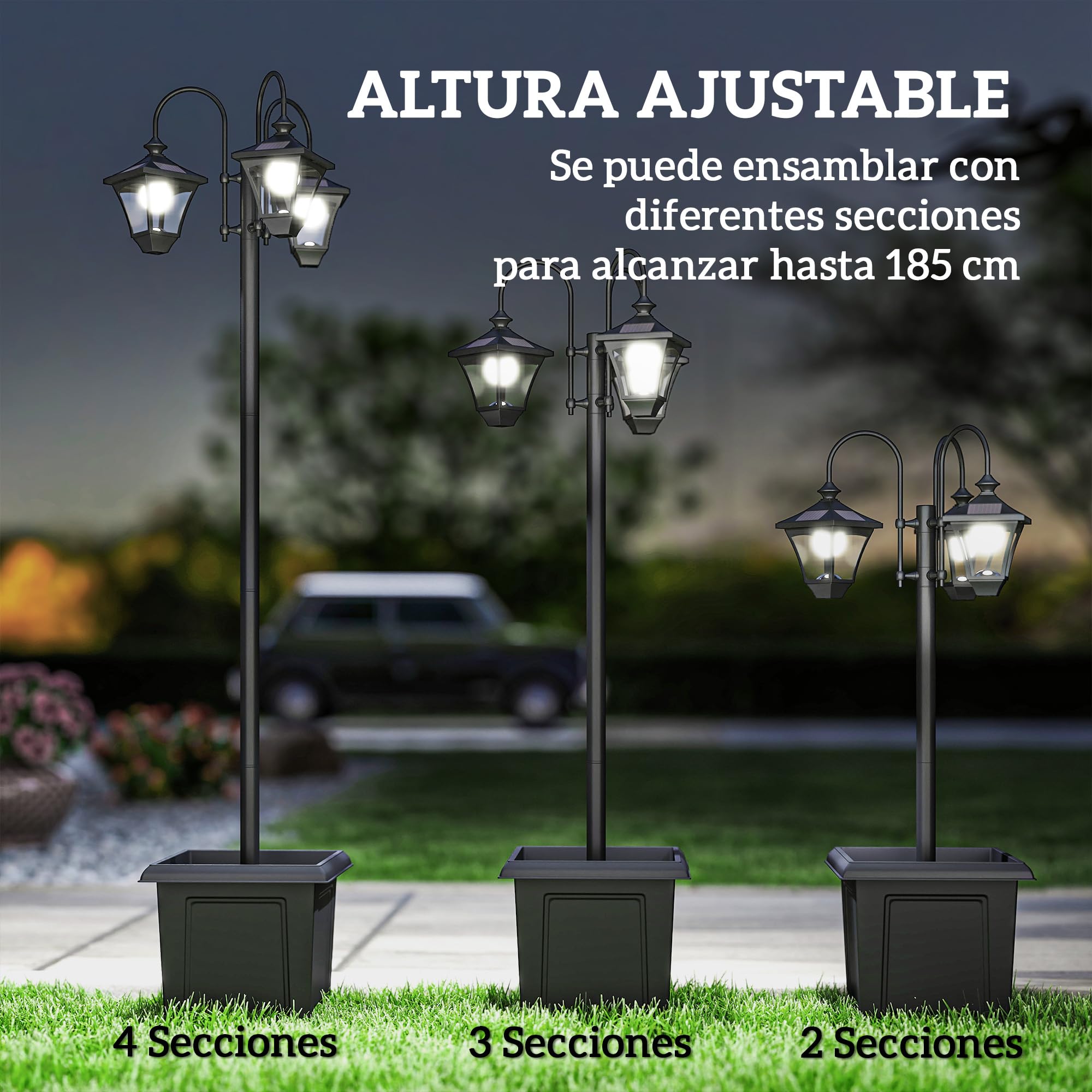 Outsunny Farola Solar Exterior de Jardín con Macetero 3 Cabezales Impermeable IP44 Encendido/Apagado Automático y Altura Ajustable Luz Solar de Exterior LED para Terraza Patio 52x52x185 cm Negro