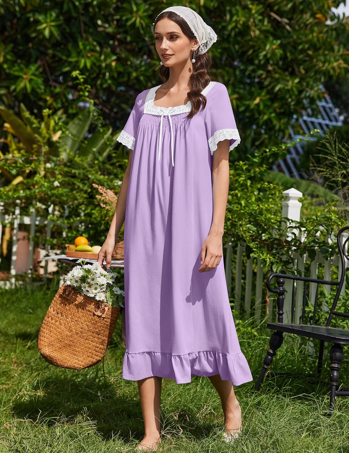 Ekouaer Cotton Nightgowns for Women Vintage Victorian Nightgown Short Sleeve Lace Night Gown Long Nightdress Soft Nightshirt - Image 3