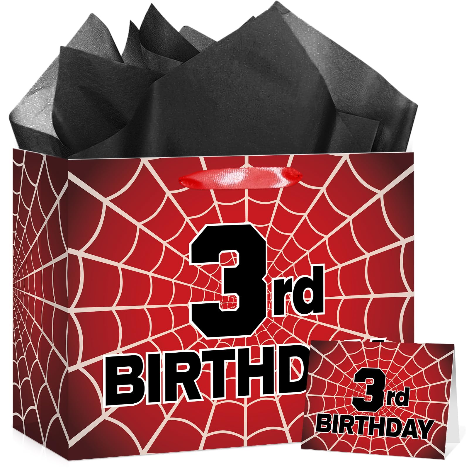 MOORIIY Spider 3rd Birthday Gift Bag with Card and Wrapping Paper, Spider 3rd Birthday Wrapping Paper Bag for Boys Red Black 3 Years Old Spider Web Bdy Decorations Supplies 11.8 x 9.4 x 5.3 inches