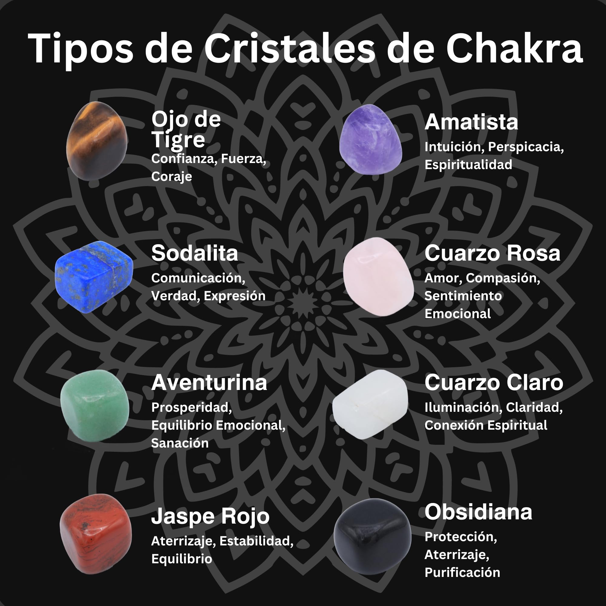 Piedras de chakra de cristal curativo natural para terapia de cristal, curación de chakras, meditación, piedras de preocupación, relajación, decoración. (8 piezas de piedras de chakras)