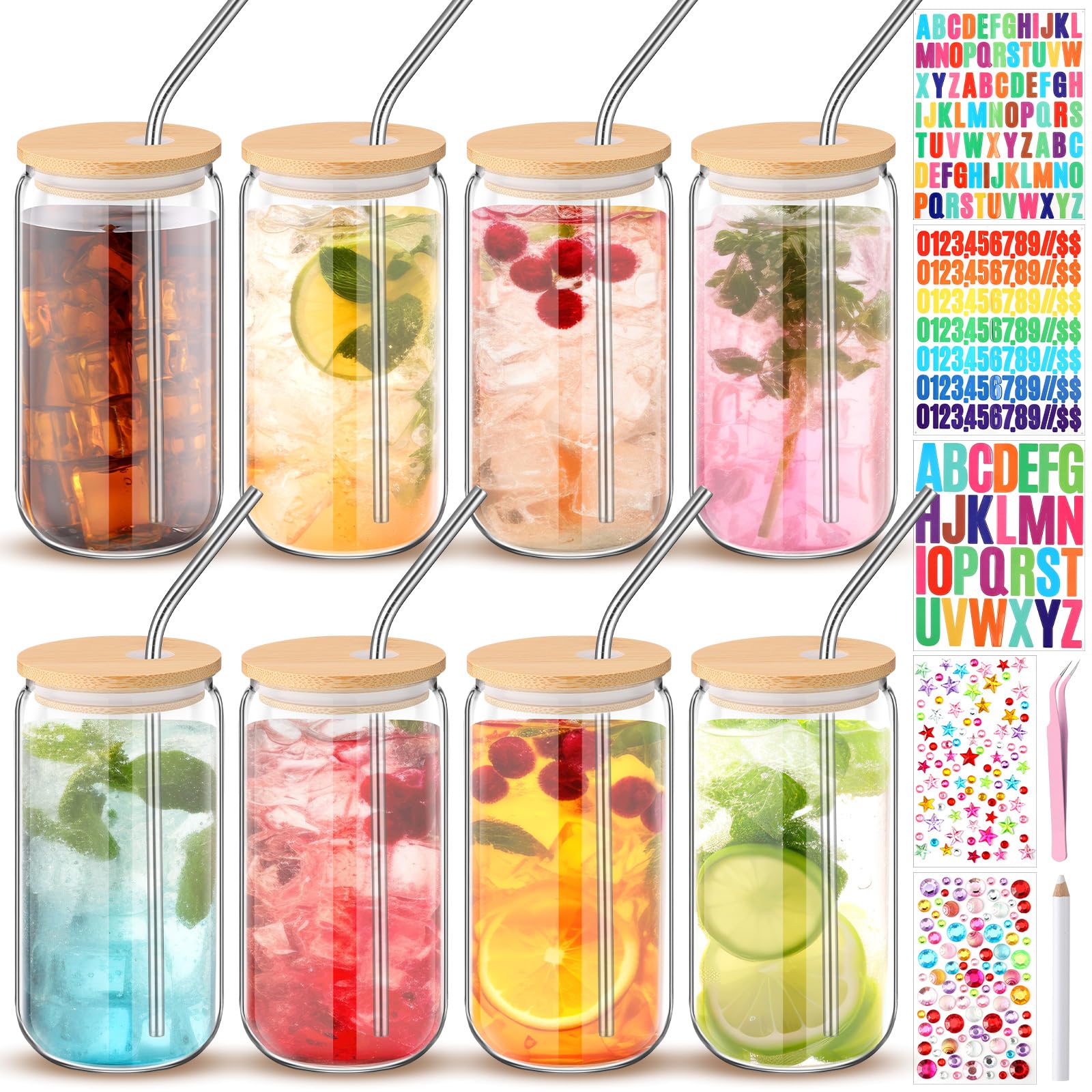 Yetene 16 Pcs Plastic Cups with Lids and Straws Acrylic Mason Jars with Bamboo Lids Mason Jar tumblers with Sticker and Diamond for DIY Decorate Mugs Drinking for Water Beverage Beer (16 oz,Clear)