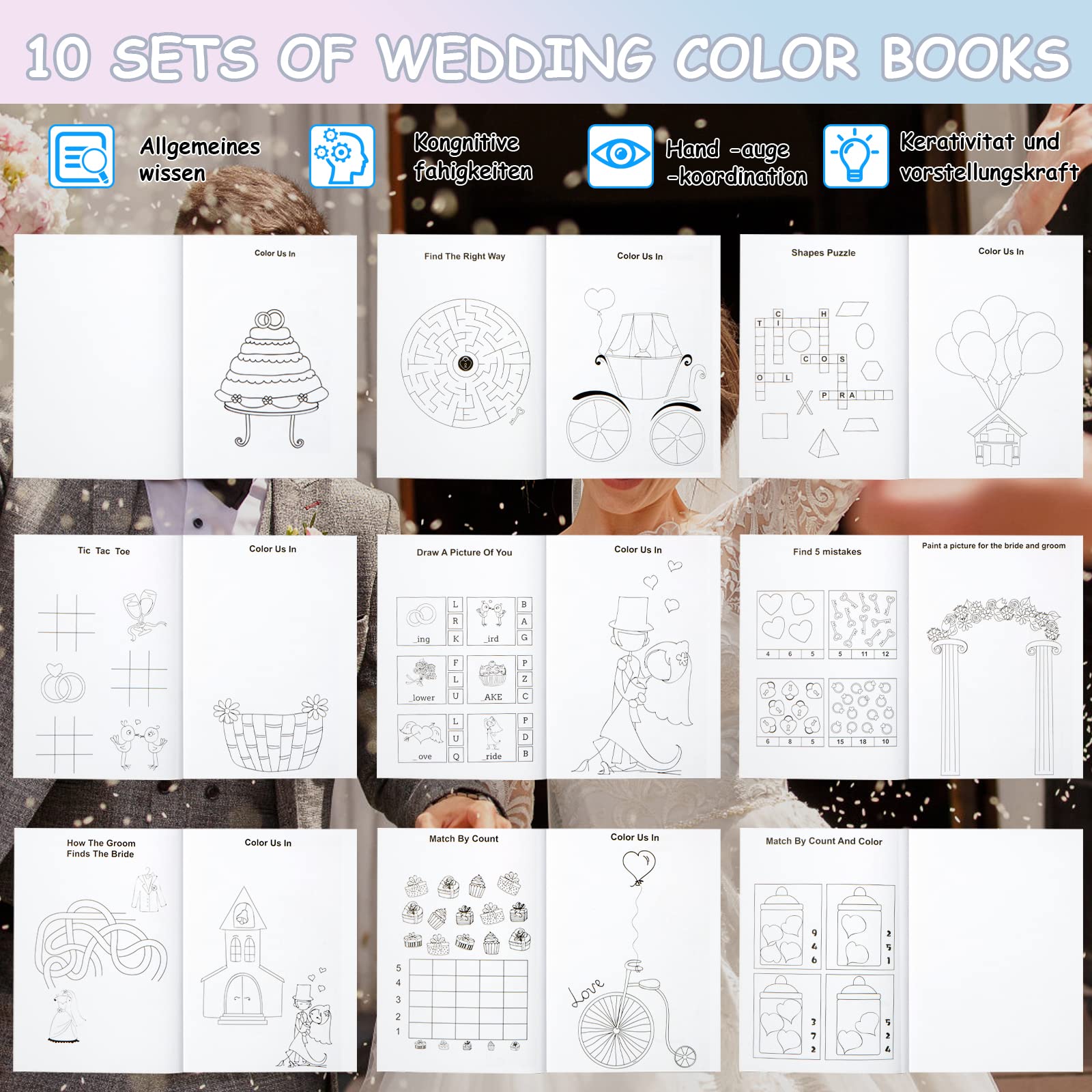 10 Libri Attività Matrimonio Per Bambini - Con 60 Matite Colorate, Giochi E Disegni - Foto 7