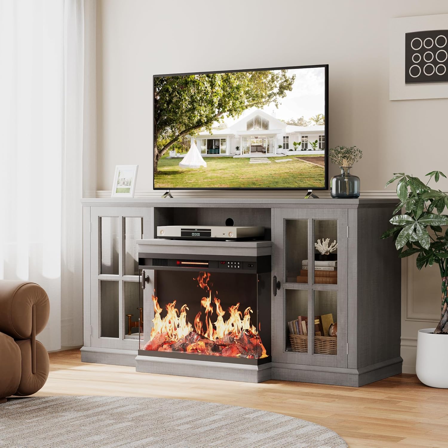 Flamaker Fireplace TV Stand for TVs up to 65'', 3-Sided Glass Media Entertainment Center Console with Storage, Adjustable Flame LED Color for Living Room (Black)