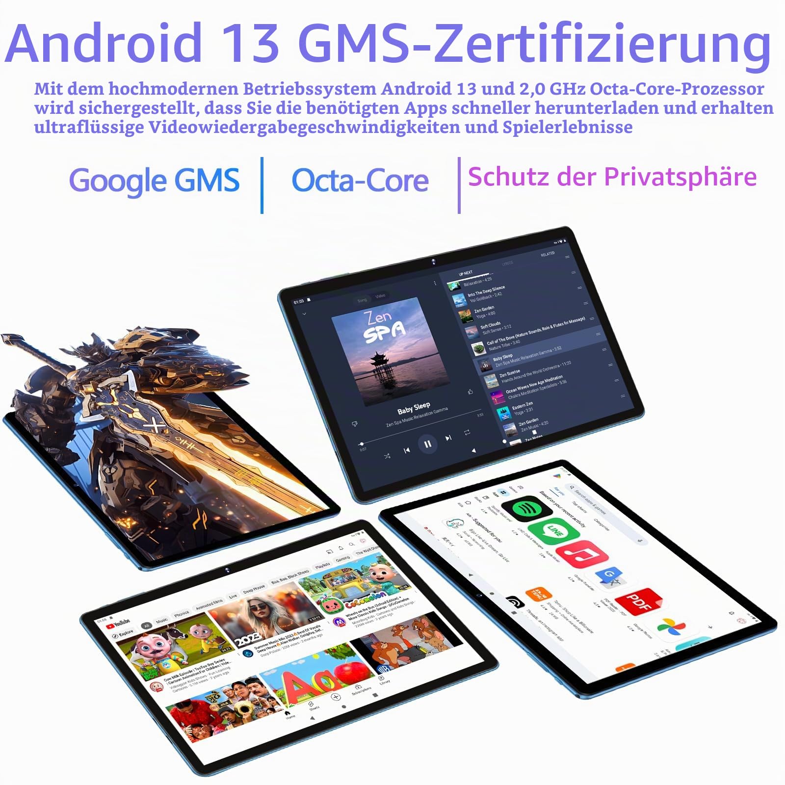 GOODTEL Android Tablet 10 Zoll 12 GB RAM + 128 GB ROM, TF 2 TB, 5G + 2.4G WiFi, GPS, BT5.0, GMS, 6000 mAh, 8 + 5 MP Dual-Kamera, Cast, OTG, Typ C, Schutzhülle, Tastatur und Maus-Blau