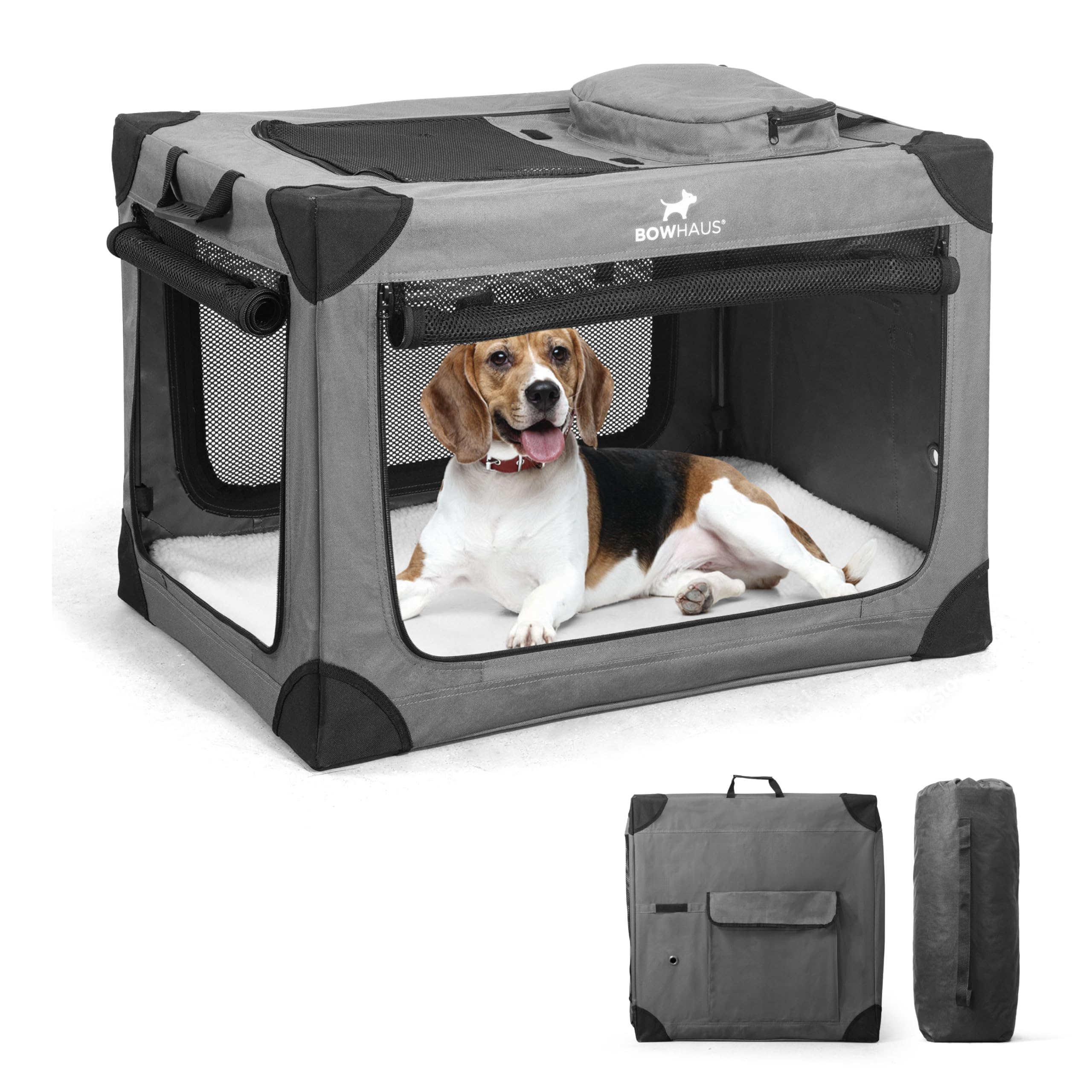 BOWHAUS 30 Inch Portable Travel Dog Kennel for Small Dogs with Durable Mesh Windows and 2 Storage Pockets, Indoor & Outdoor for Car, Soft-Sided
