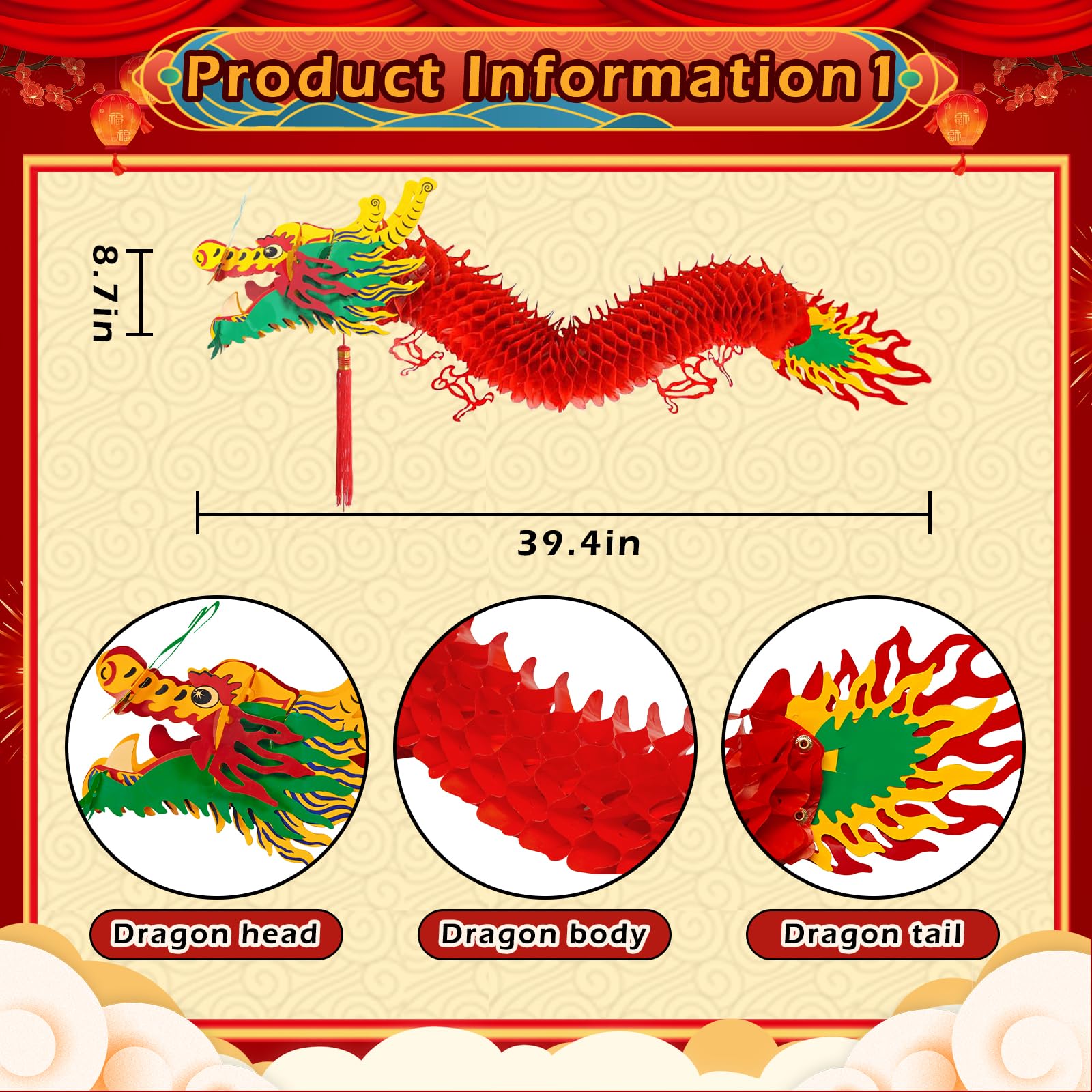 23 Pcs Chinese New Year Decorations with 2 3D Chinese New Year Dragon Decorations and 1 Red Ball and 20 Chinese New Year Lanterns for Chinese Spring Festival Party Decorations