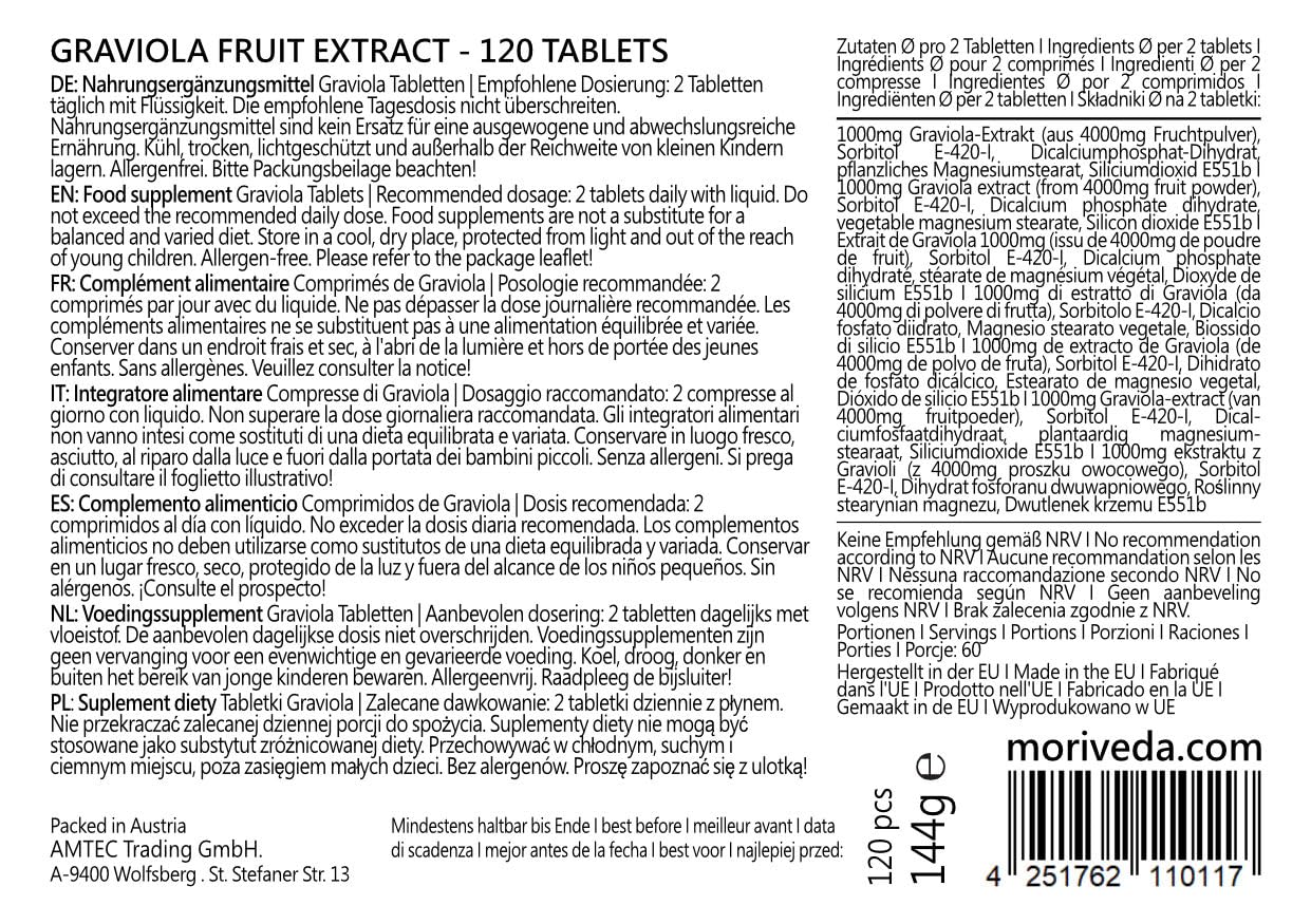 MoriVeda® - Graviola Pressioni I Vegan I Estratto di frutta I 3x 120 Compresse