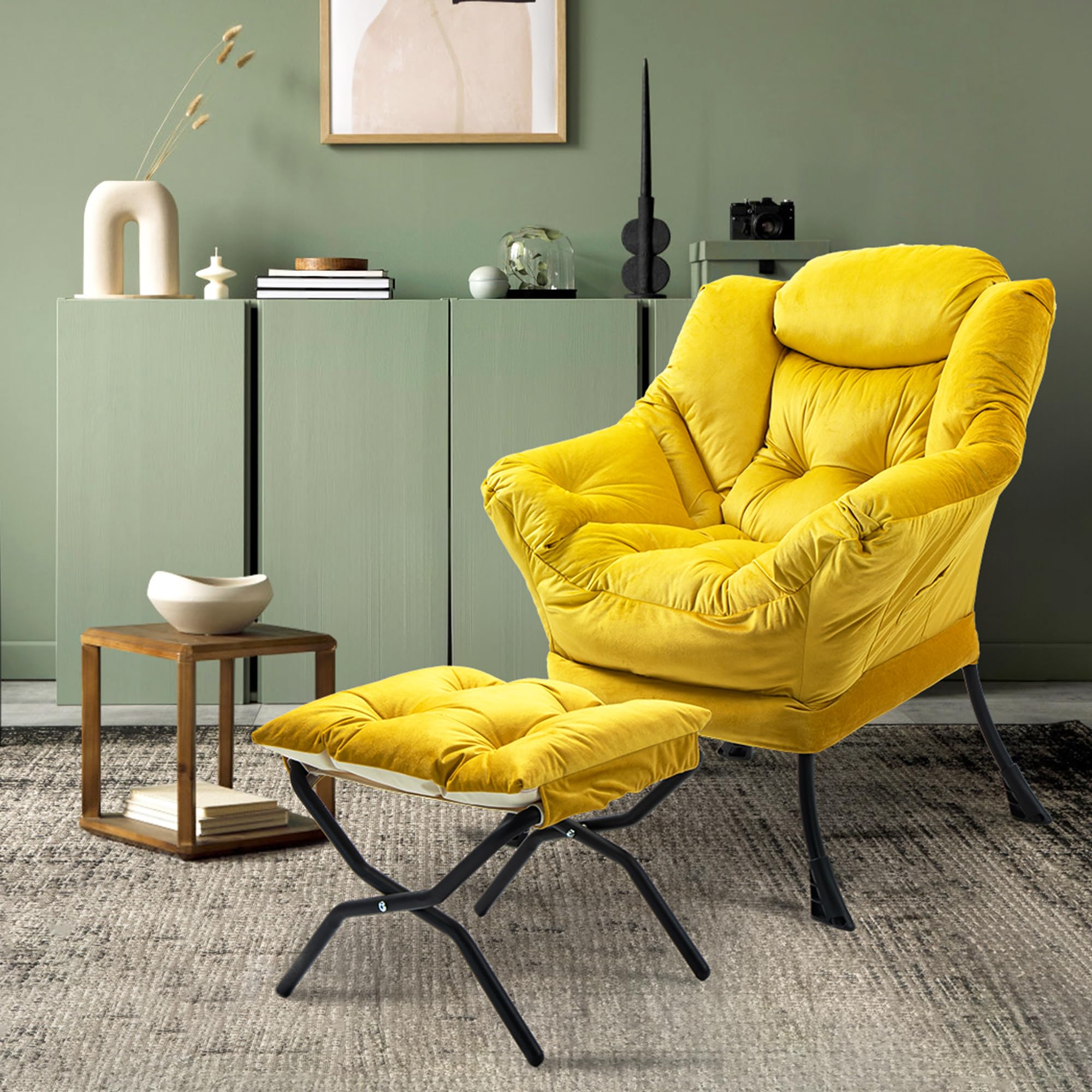 TIANSHU Samt Sessel mit Hocker, Relaxsessel mit Nackenstütze Sessel Wohnzimmer mit Metallbeinen Stabil Loungesessel Ohrensessel Sessel für Schlafzimmer Arbeitszimmer Balkon (Gelb)