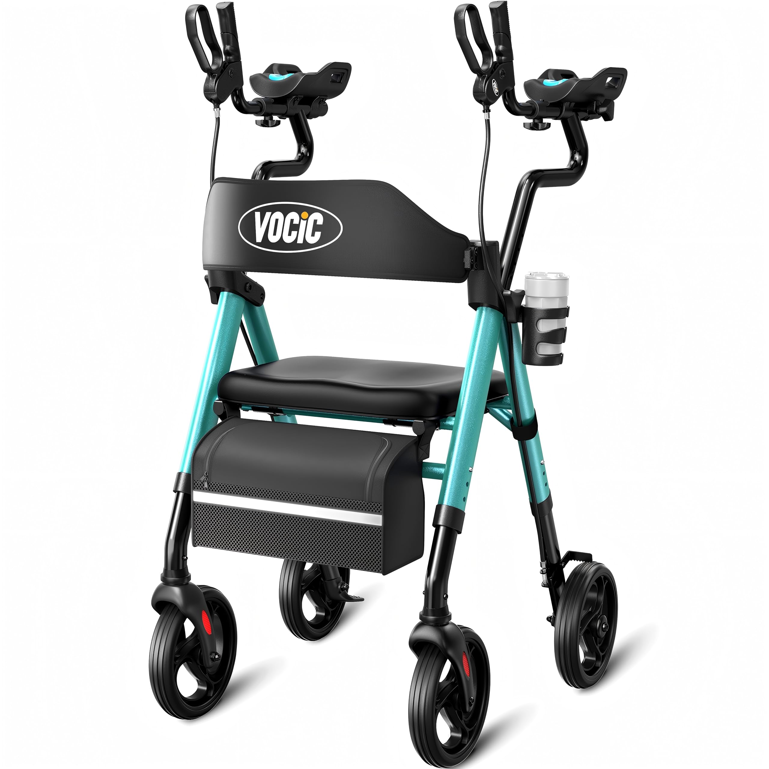 VOCIC Z22 Rollator składany i lekki z siedziskiem, GelCool z podpórkami pod ramiona i regulowanymi podłokietnikami, dla seniorów z wygodnym siedziskiem, do 136 kg, zintegrowany uchwyt na kubek i kij