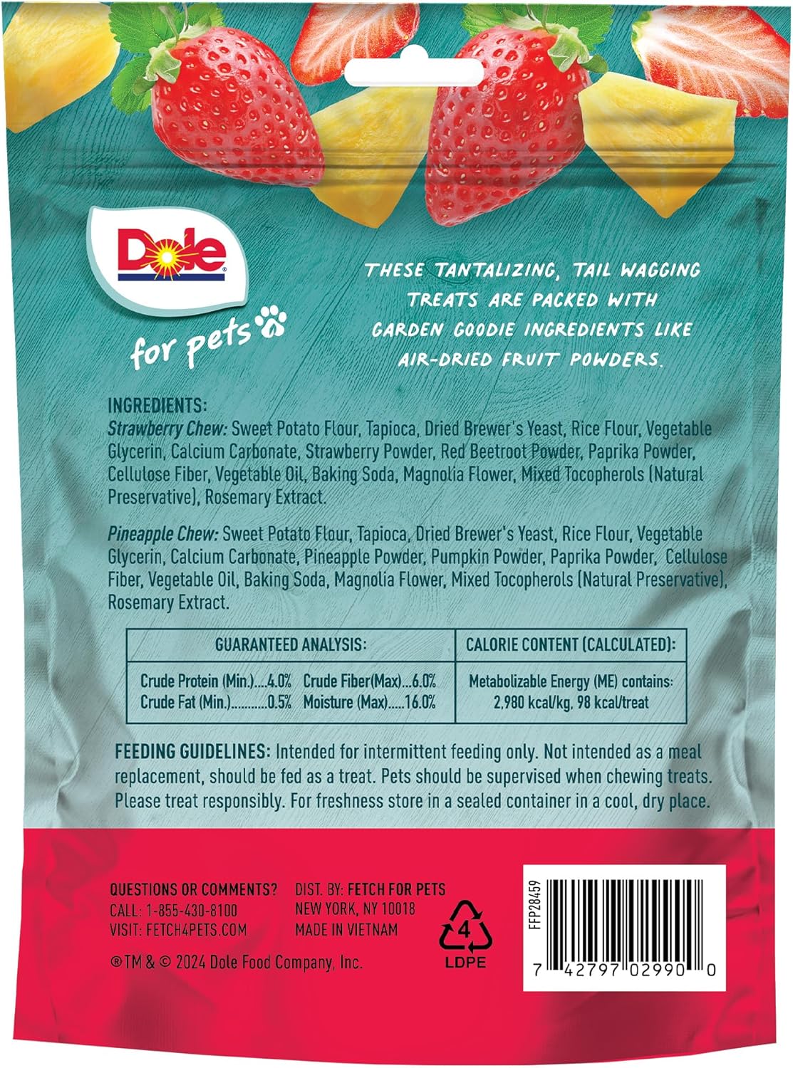 Dole for Pets Dog Chews, Assorted Strawberry + Pineapple Fruit-Flavored Treats, Real Fruit Flavor, No Artificial Colors Flavors or Preservatives, No Wheat Corn Soy, 7.05 Oz Bag - 6 Pack