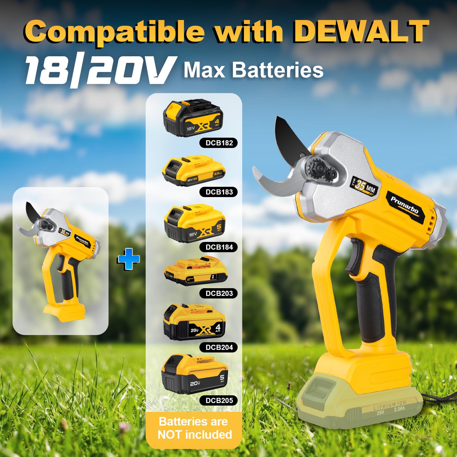 Tijeras de podar (35 mm, compatible con baterías DEWALT, 18 V) | Ramas Gruesas, Tamaño Diario, Huertos, Carga Flexible, Trabajo Continuo