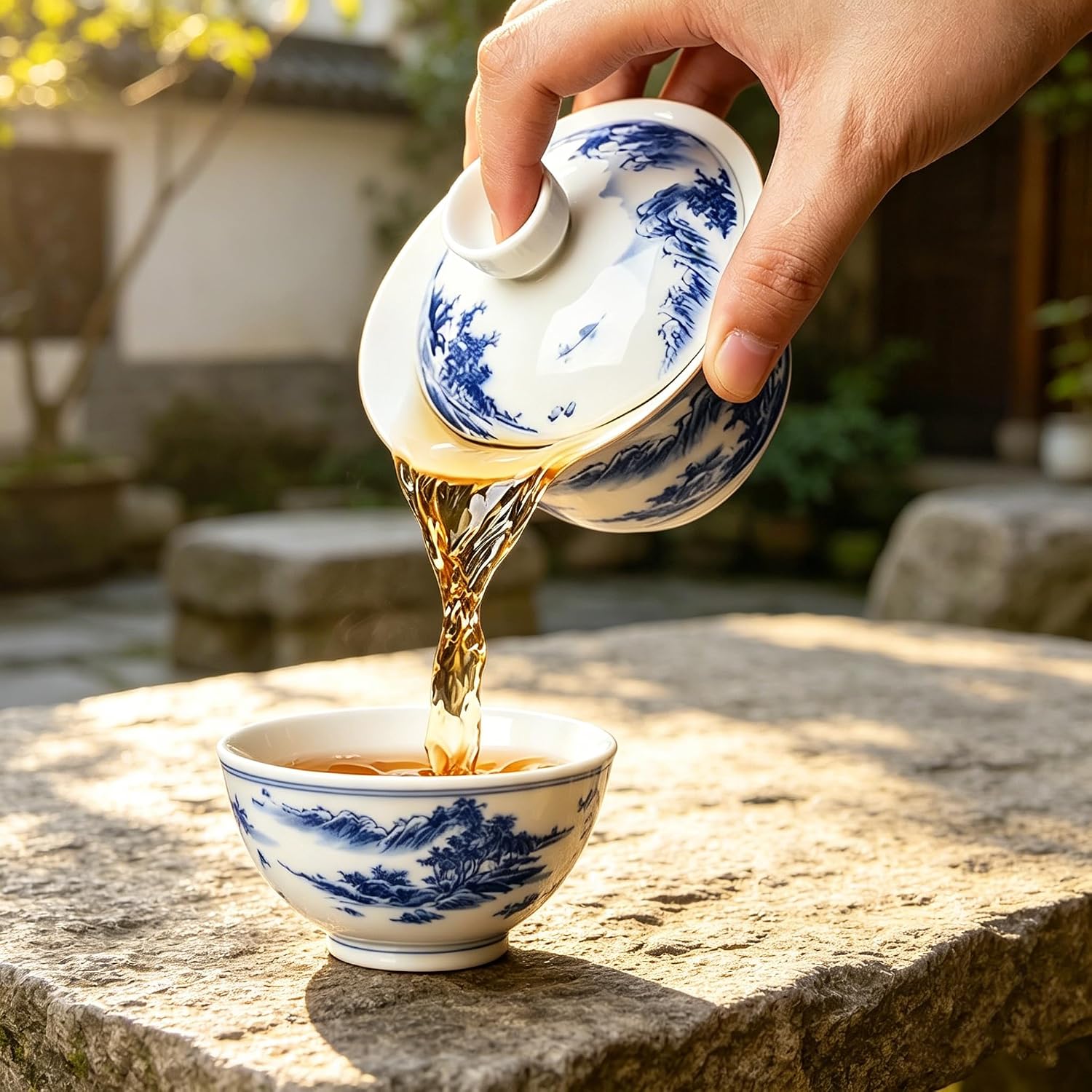 Jingdezhen Chinese Gaiwan Handmade 6.3oz/180ml Mountain Style China Blue and White Porcelain Gaiwan Kungfu Teacup Traditional Chinese Teaware Tea Set