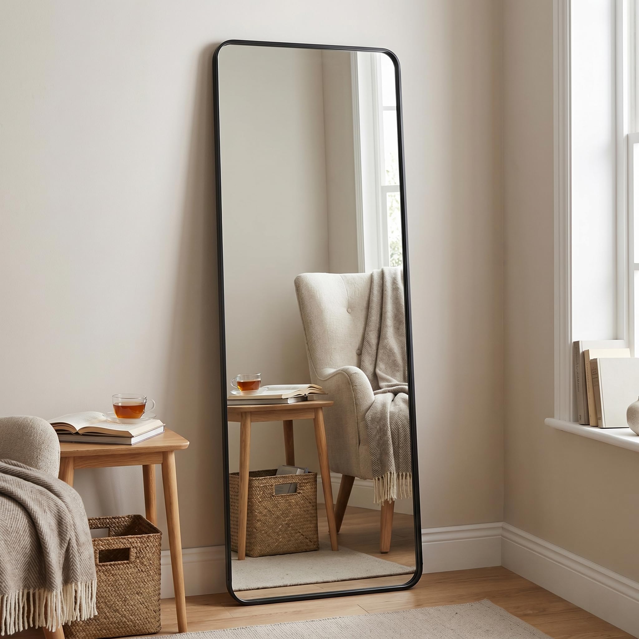 Koonmi Full Length Mirror, 150 x 40 cm, Rectangle Round Corner Full Body Mirror with Stand, Aluminium Alloy Frame, Tempered Glass, for Bedroom, Living Room, Cloakroom, Black