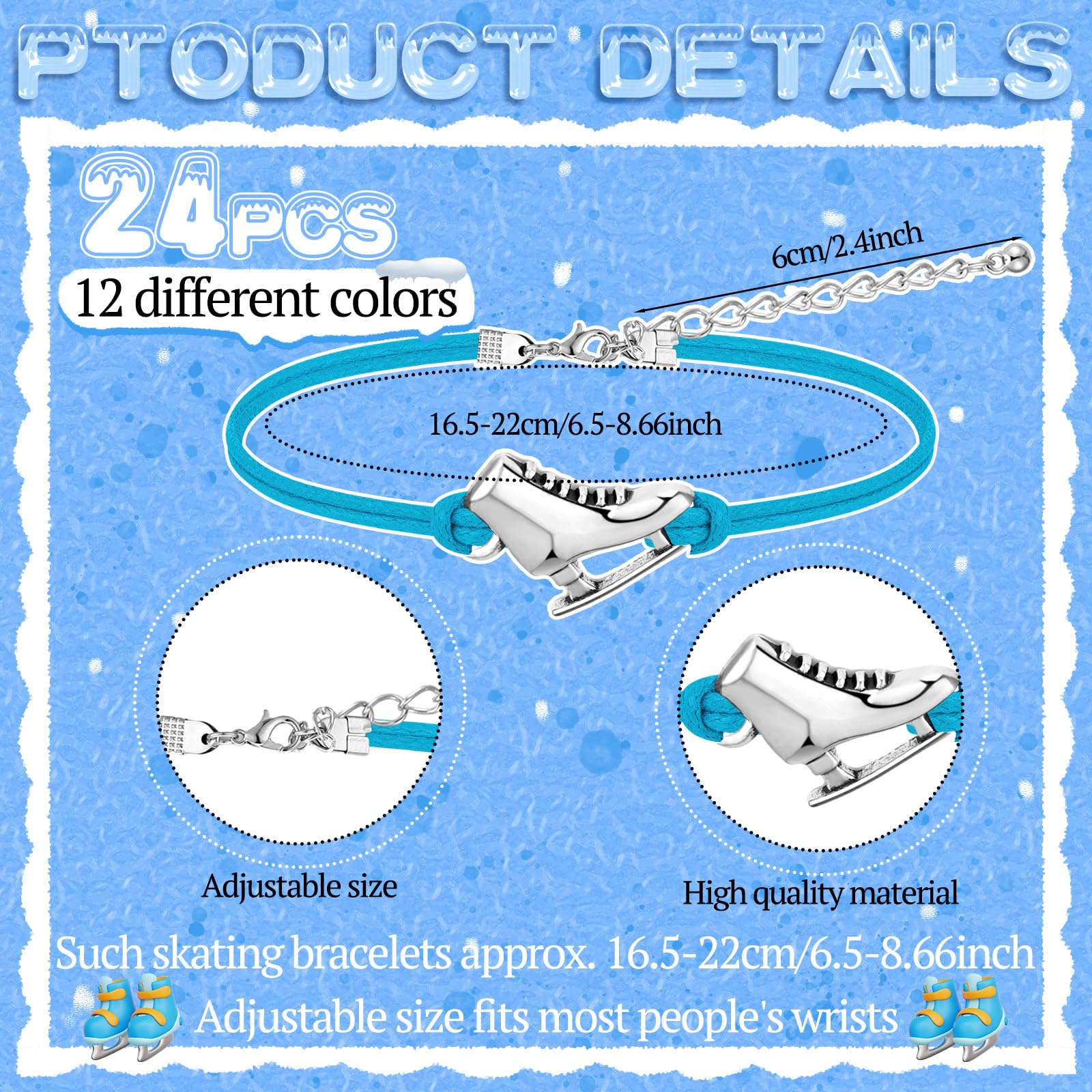 Funtery 24 Pcs Ice Skating Party Favors Colorful Ice Skating Bracelet Skater Birthday Gifts Sports Goodie Items Bulk for Women Men Skater Lover(Blue)