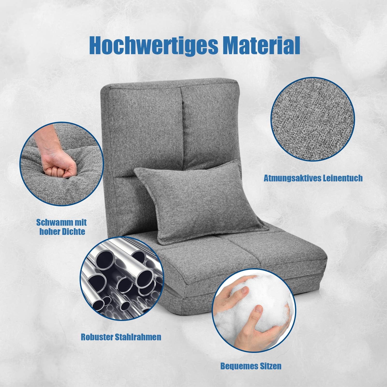 RELAX4LIFE Bodensessel klappbar, Bodenstuhl mit 5 verstellbaren Rückenlehne, Bodensofa mit Kissen, Liegesofa, Liegesessel für Schlafen Lesen Meditation, Sitzkissen für Wohnzimmer (Grau)