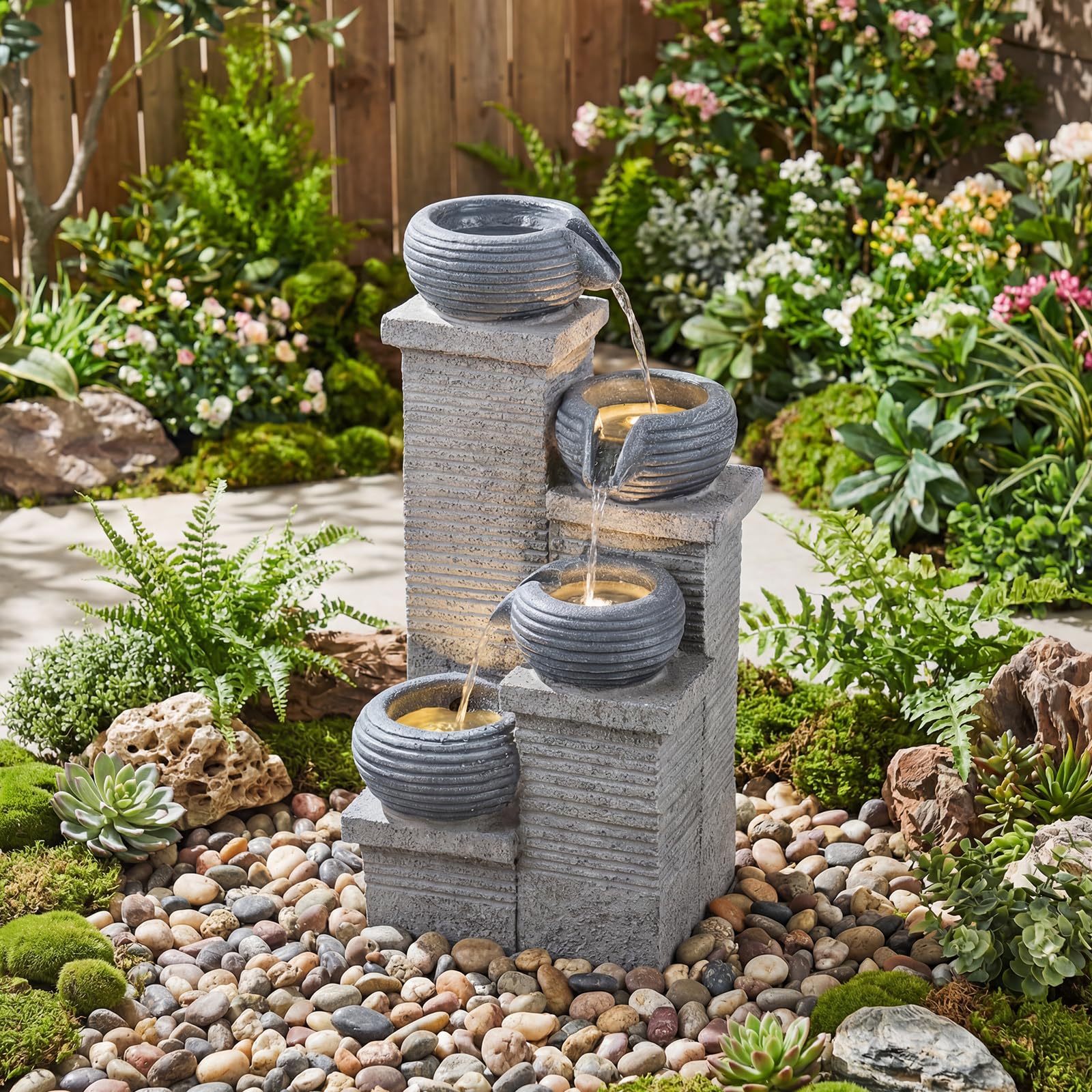 COSTWAY 4-stufiger Springbrunnen, Gartenbrunnen mit LED Beleuchtung & Pumpe, Kaskadenbrunnen Kunstharz, Steinoptik, Zimmerbrunnen draußen, Wasserfall Brunnen Garten, 28 x 22 x 58 cm