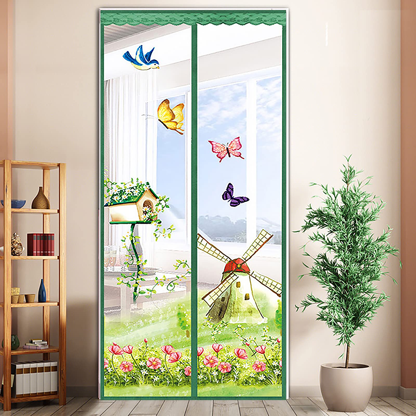 Magnetic Fly Screen Door Heavy Duty Windproof Anti Mosquito Mesh Curtain with Magic Tape No Punch Lace Decorative Embroidery Pattern Curtain Keeps Bugs & Insects Out (90x210CM - Image 3