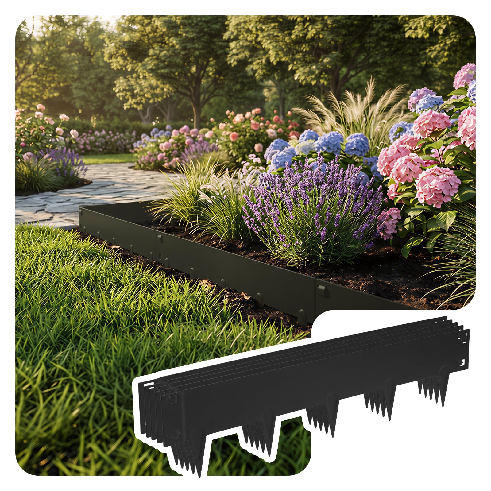 VOUNOT® Rasenkante verzinkt Metall 5m, Robuste Beeteinfassung Beetumrandung Mähkante 106×18 cm, 1,5 mm dick, Steckzaun für Blumenbeete & Garten, 5 Stück, Schwarz