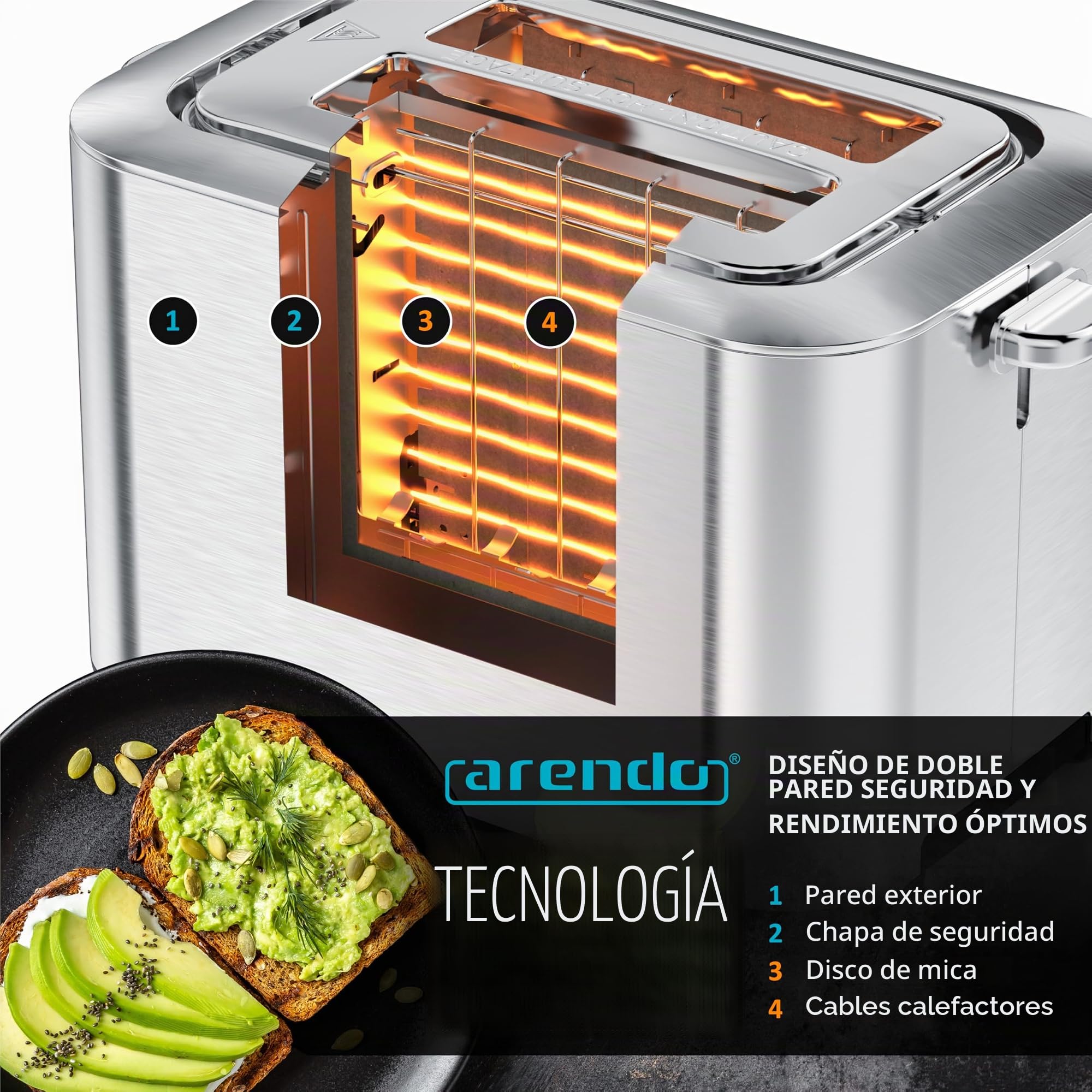 Arendo - Tostadora de acero inoxidable con ranura larga de 2 rebanadas - Pantalla táctil - Caja de doble pared - Rejilla recalentador de bollería integrada - 7 niveles de bruñido - Centrado del pan -