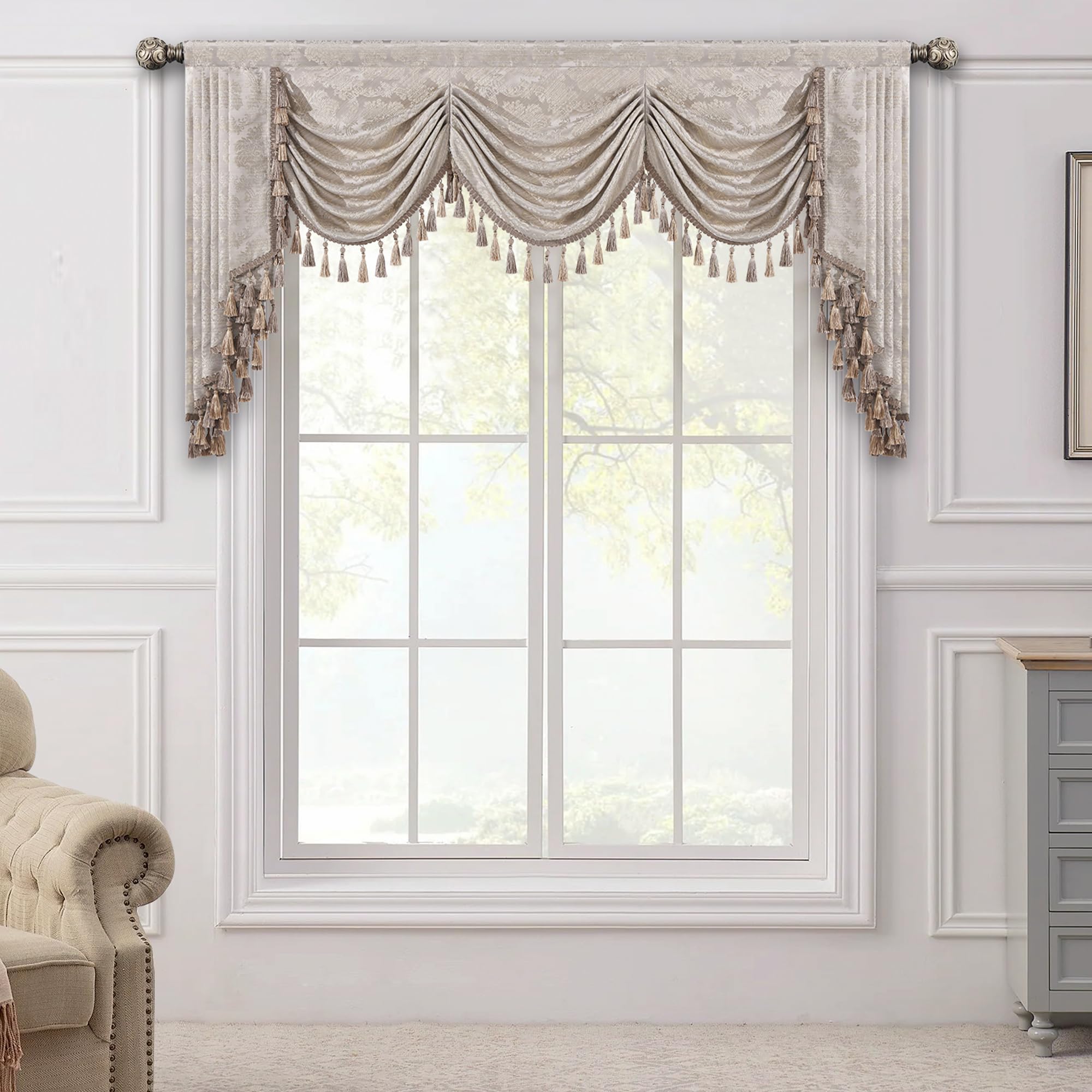 TOPLUXE Swag Valance for Windows, Damask Waterfall Valance with Tassels, Short Curtain for Bedroom Living Room Kitchen, Rod Pocket (Width 200cm, Beige & Gold)