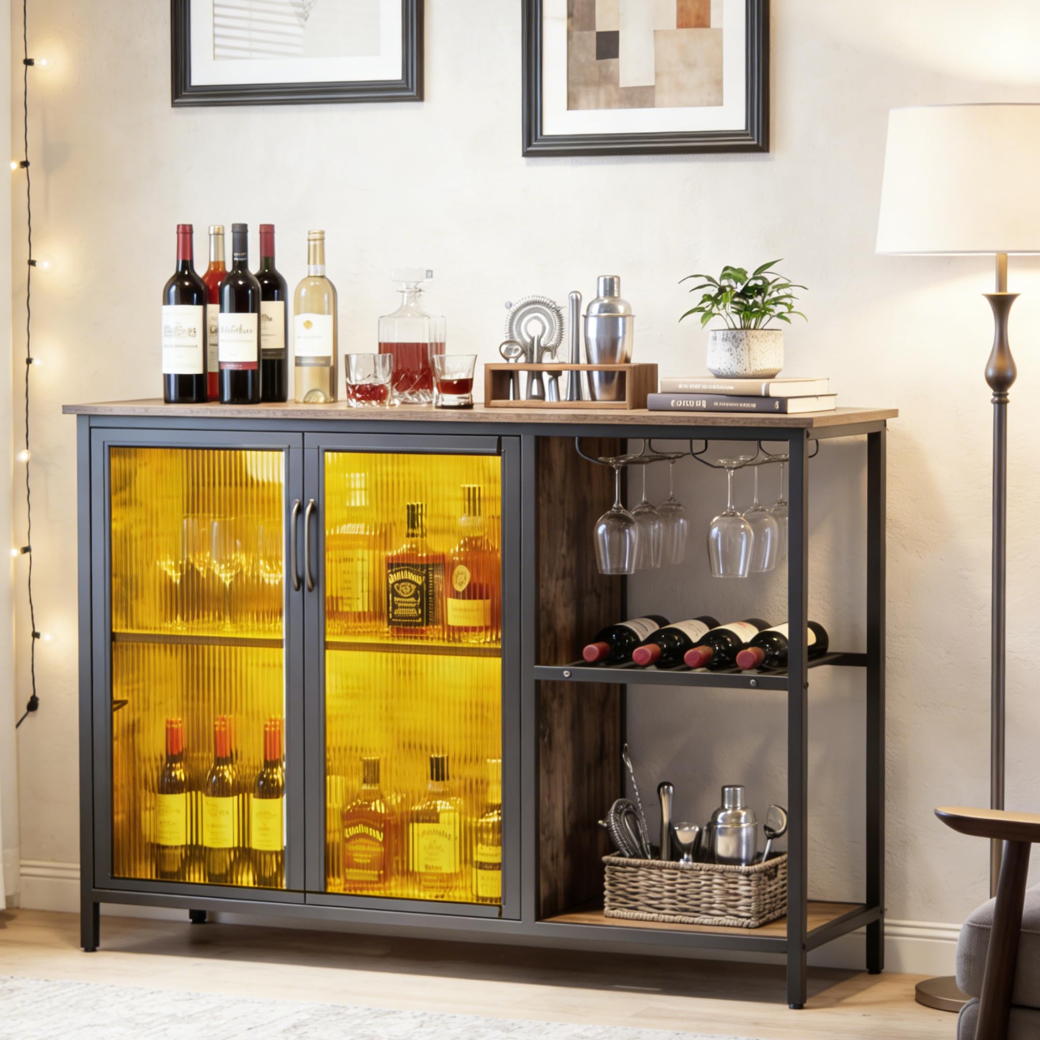 COSTWAY Buffet Sideboard with Power Outlets & RGB LED Lights, Wooden Storage Cabinet with Glass Holders, Wine Racks & Anti-tipping Kits, Industrial Wine Bar Cabinet for Kitchen Dining Living Room