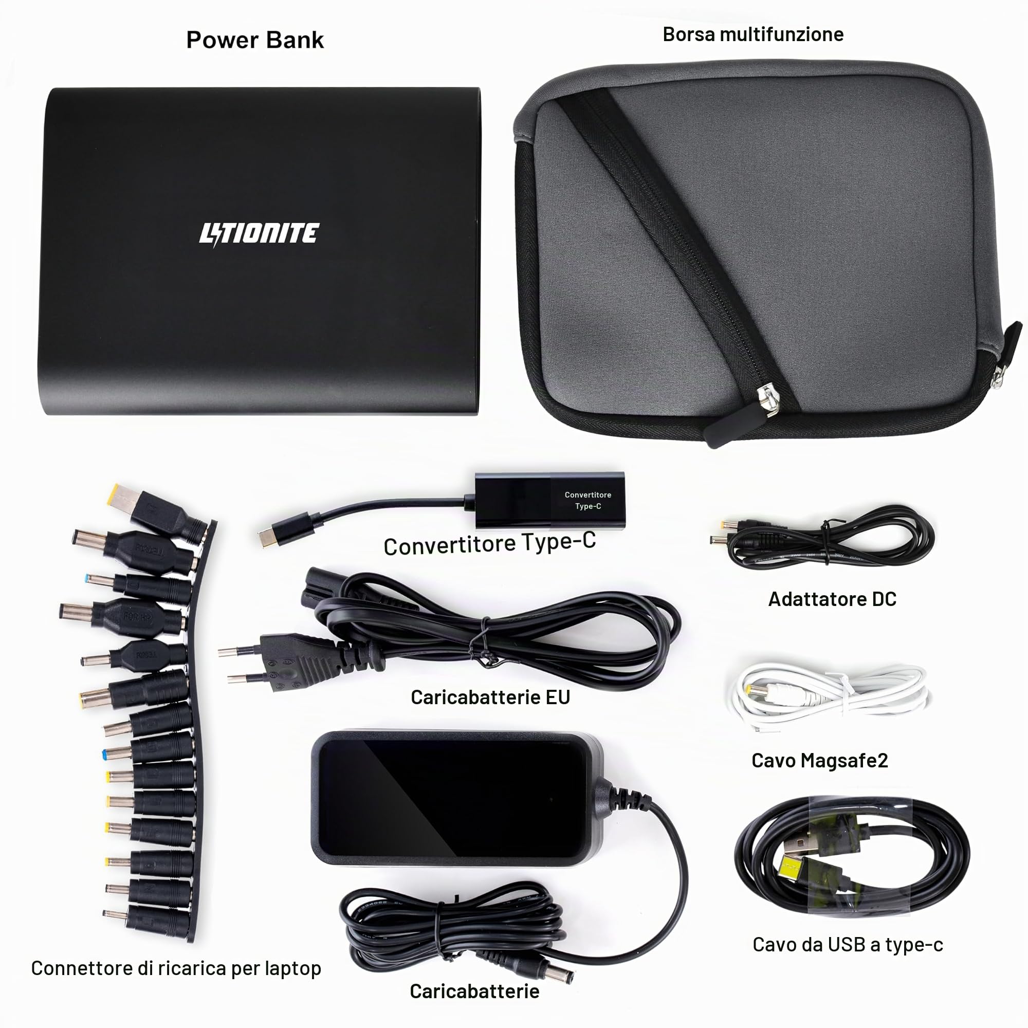LITIONITE Tanker 90W / 50.000mAh Power Bank Batteria Esterna portatile con Display LED - 2x USB - 1x Type-C (36W) - 1x DC (90W) - Alimentatore Caricabatterie per PC/Computer/Notebook/Smartphone/Tablet