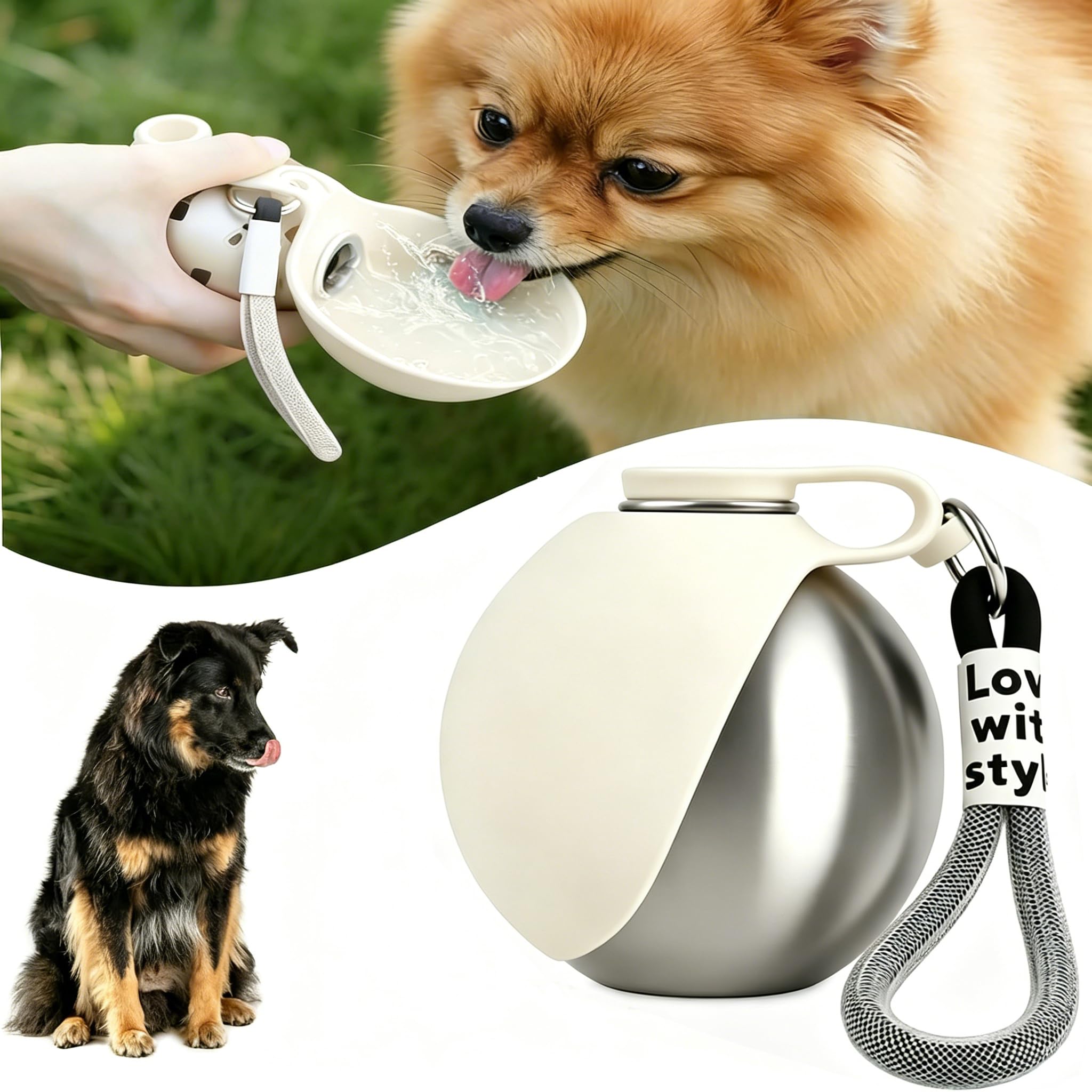 Dog Water Bottle, Stainless Steel Portable Dog Water Bottle (285 Ml),For Dogs & Cats, Leak-Proof Dispenser With Foldable Silicone Bowl,Ideal For Walks & Outdoor Hikes (Beige)