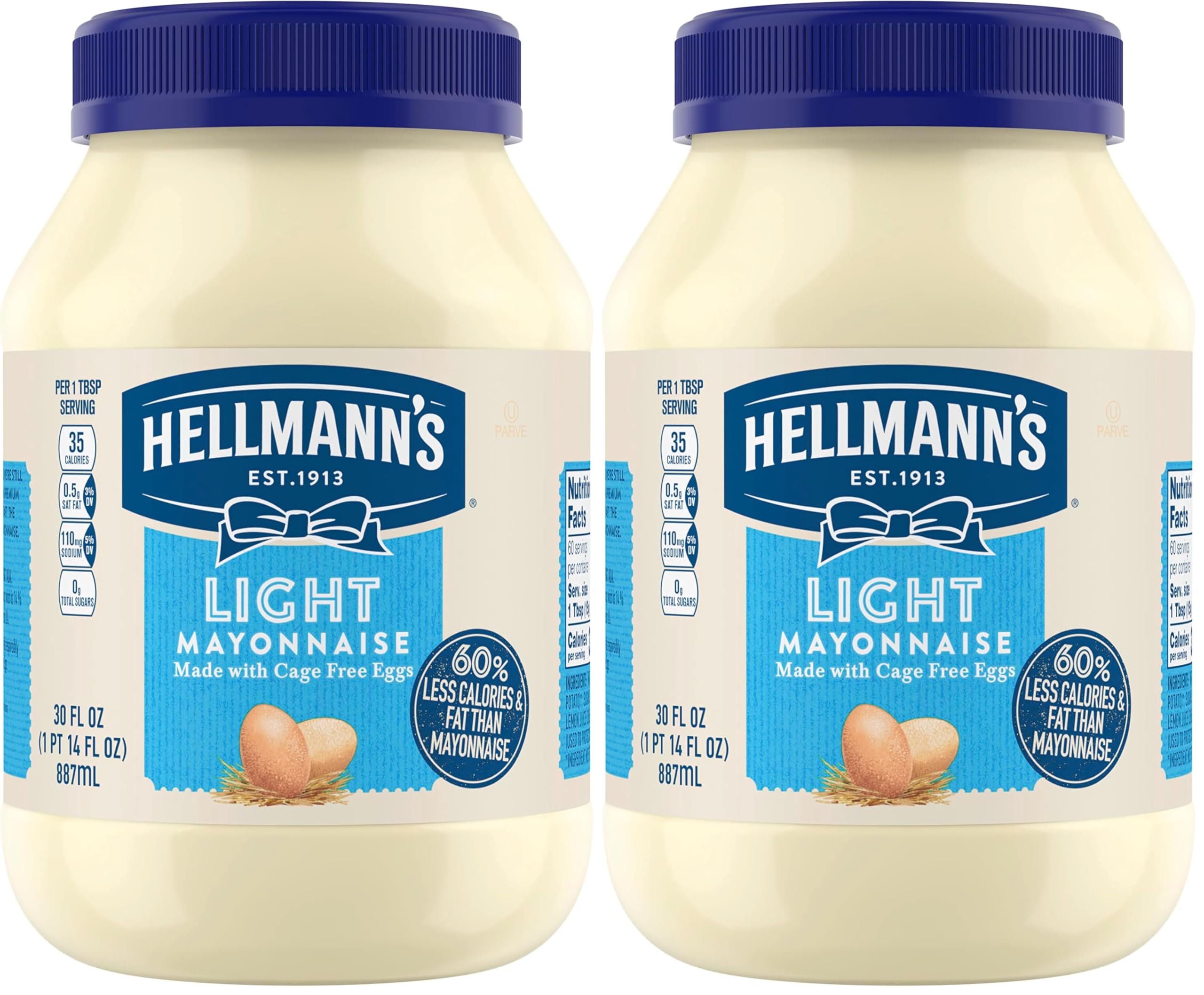 Hellmann's Light Mayonnaise For A Creamy Condiment for Sandwiches and Simple Meals Light Mayo Made With 100% Cage-Free Eggs 30 oz (Pack of 2)