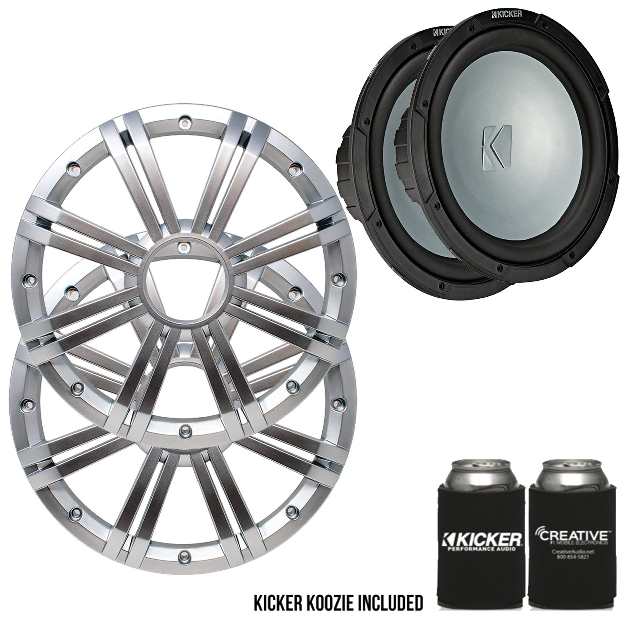 Kicker - Two 10 Inch LED Marine Subwoofers in Silver, 2 Ohm Bundle 4 Ohm Each