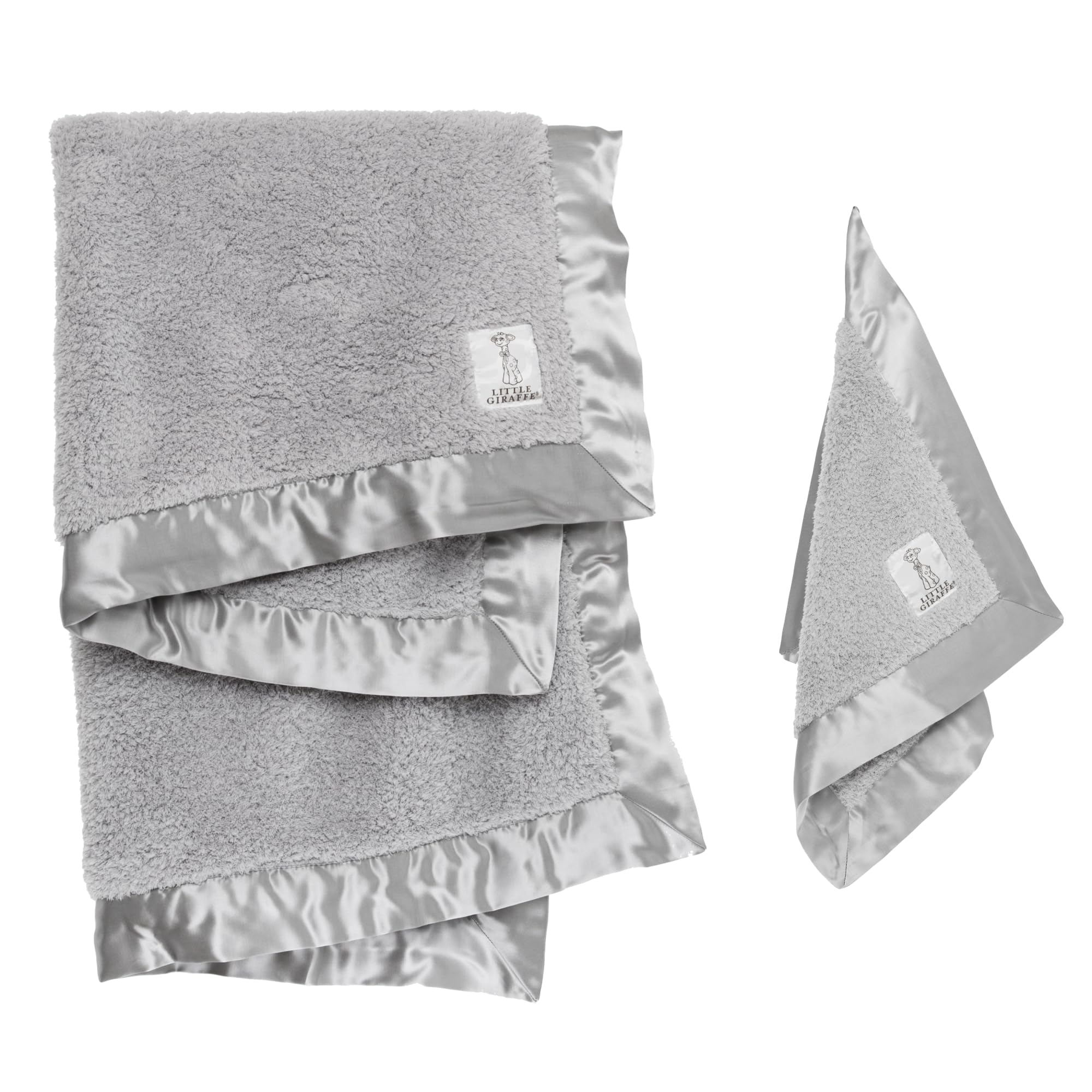 Little Giraffe Baby Blanket and Blanky Set - Chenille Blanket with Satin Trim Set for Nurseries, Strollers, Cribs or Car Seats - Baby Receiving Blankets 29 x 35 and 14 x 14, Silver