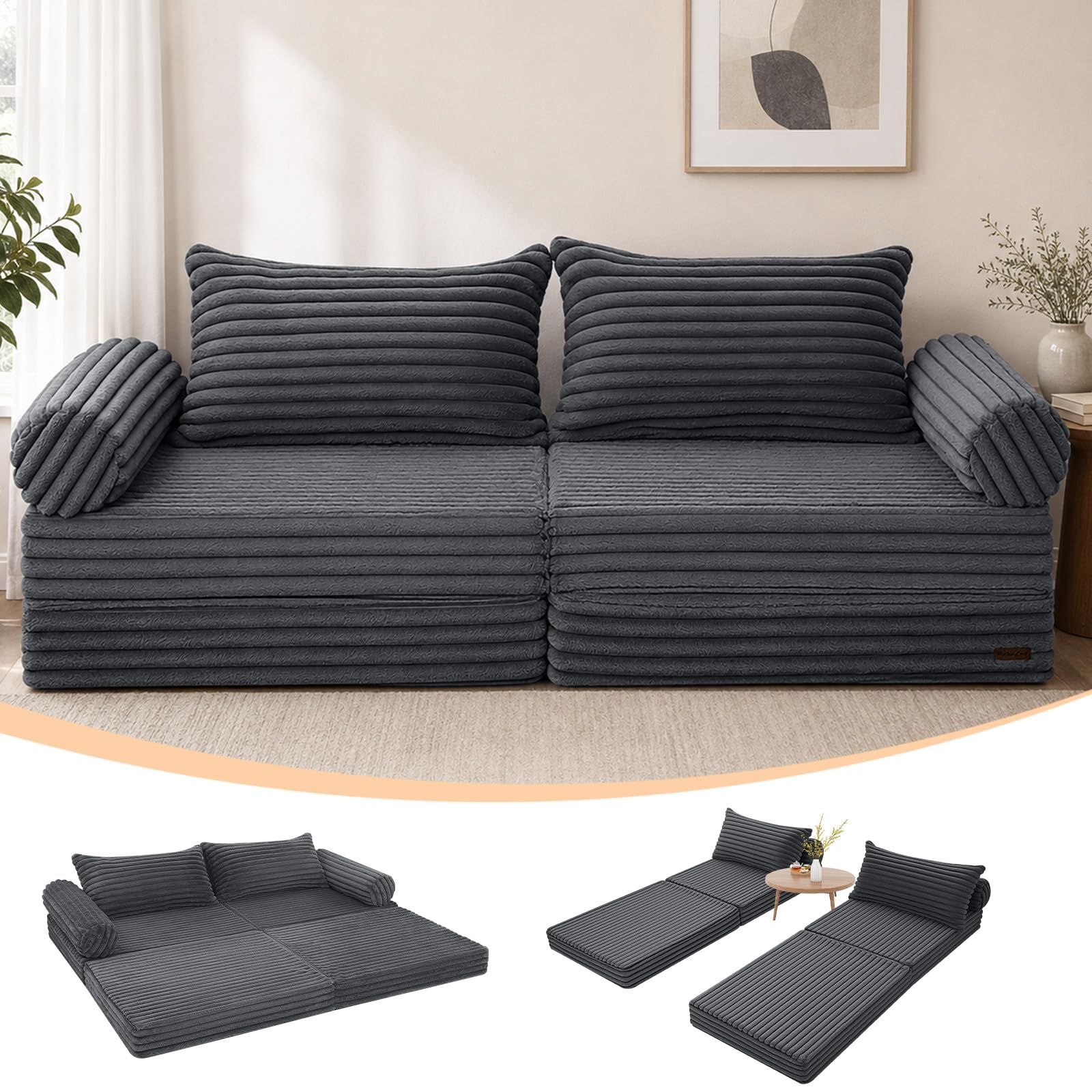 MeMoreCool Convertible Sofa Bed, Split Floor Boneless Couch, Grey