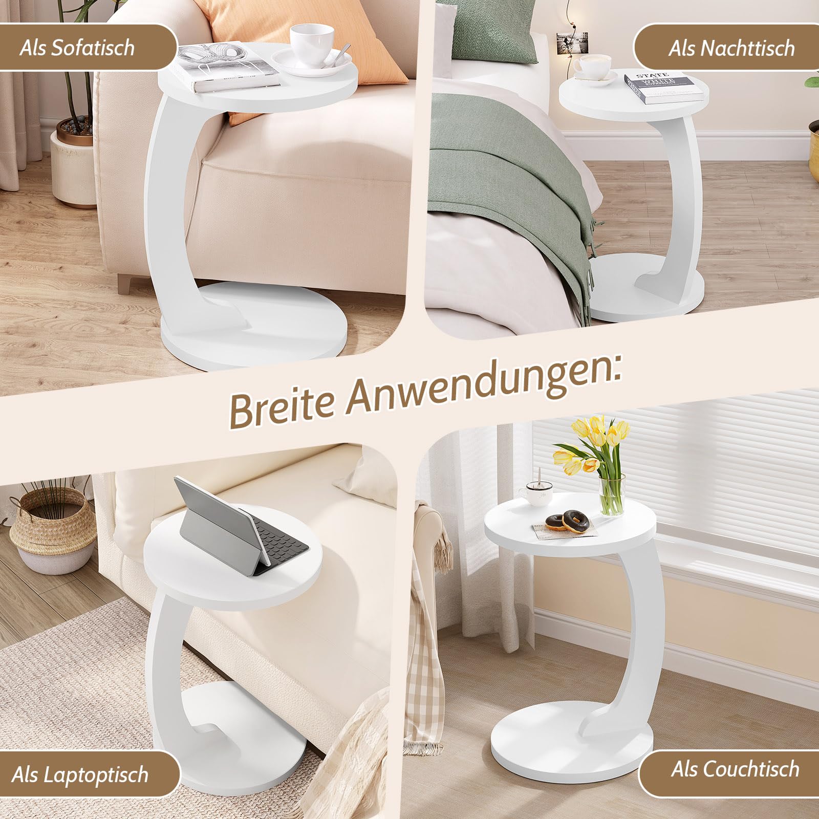 WOLTU Mesa Auxiliar en Forma C, Mesa de Centro Redonda, Mesa Lateral para Sofá o Cama, Mesita Auxiliar para Salón y Dormitorio, MDF, φ38x55 cm, Blanco, BTS20ws