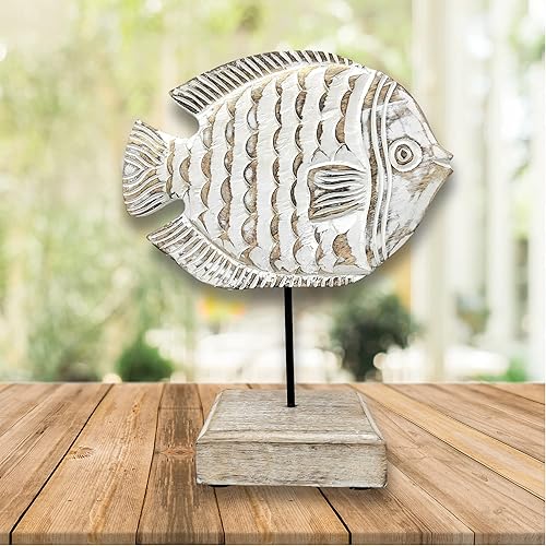 Miniatura 6 de Escultura de pescado de madera para decoración del hogar, estatua de pez ángel hecha a mano en el soporte de base, decoración náutica de mar para