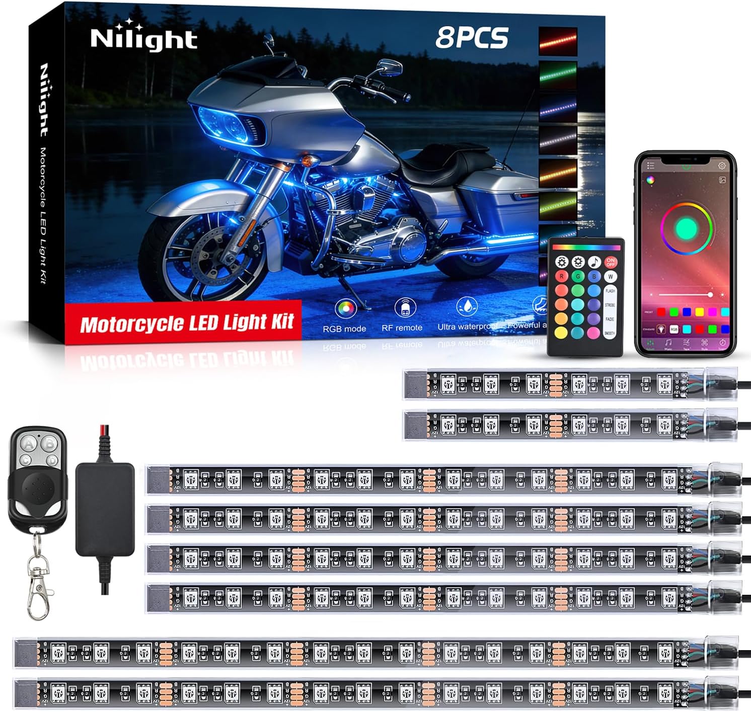 Nilight 8PCS Motorcycle RGB Led Light Kit Waterproof Multi Color Atmosphere Neon Accent APP and Remote Control Underbody Strips for Harley Davidson Honda Kawasaki Suzuki